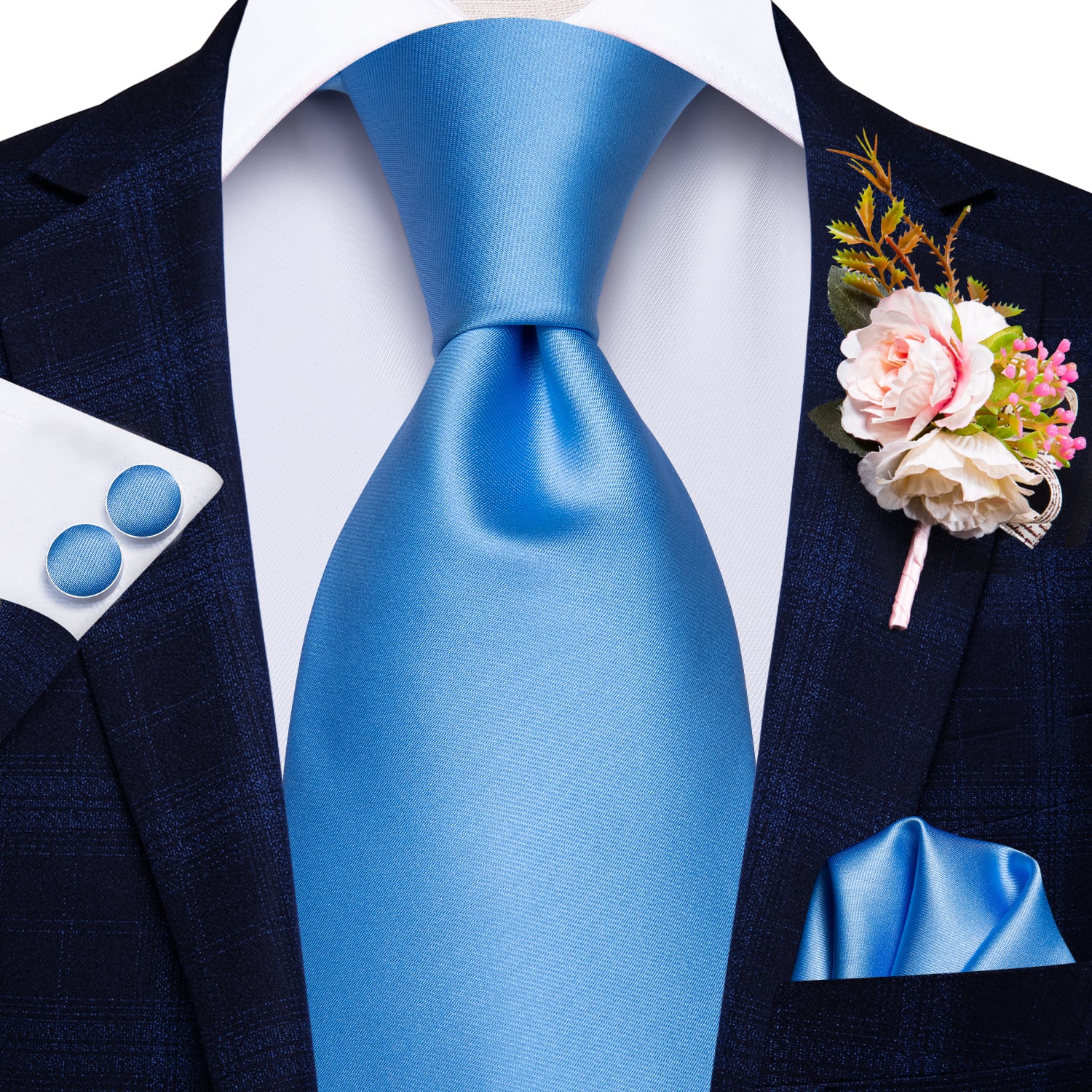 tie set Baby Blue Tie Handkerchief Cufflinks Set with Wedding Brooch