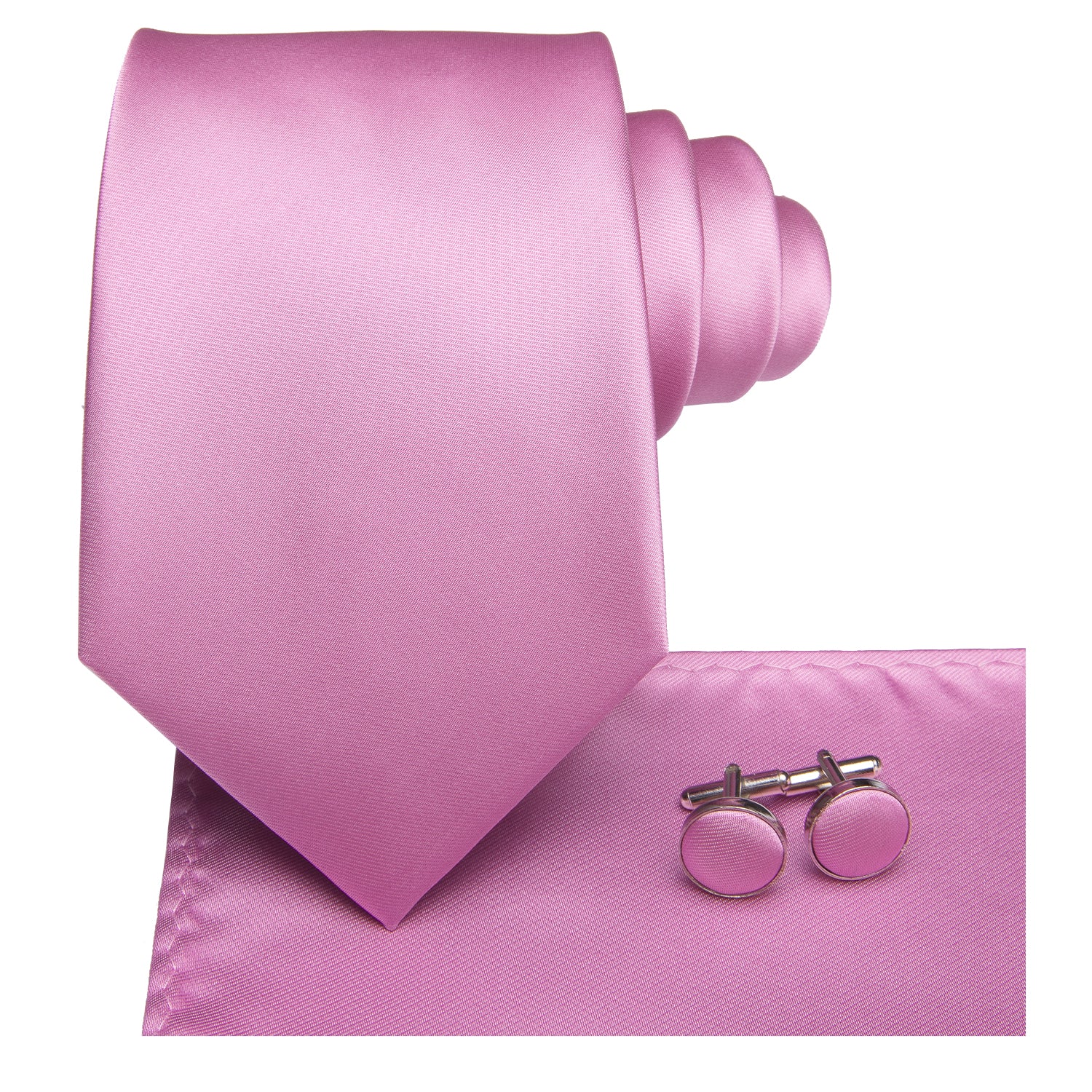 Wedding Solid Pink Necktie Pocket Square Cufflinks Set
