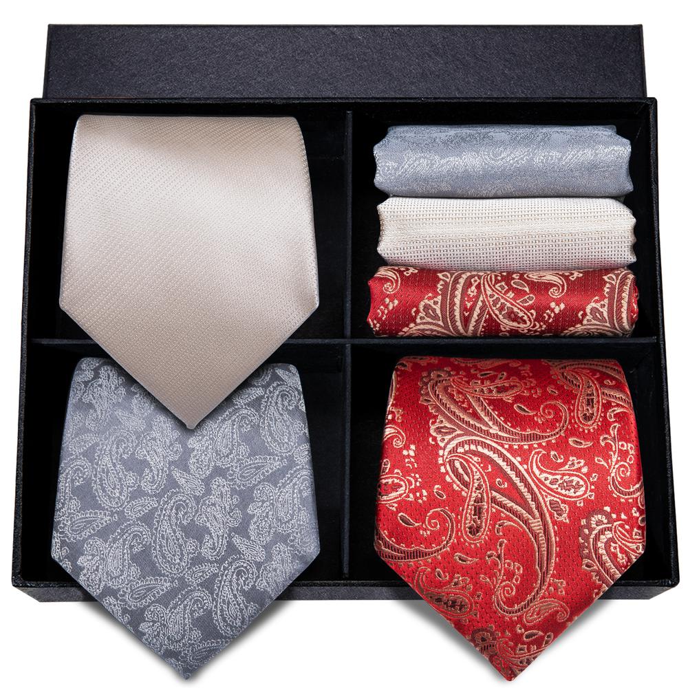 Red Grey Paisley Tie Pocket Square Cufflinks Gift Box Set