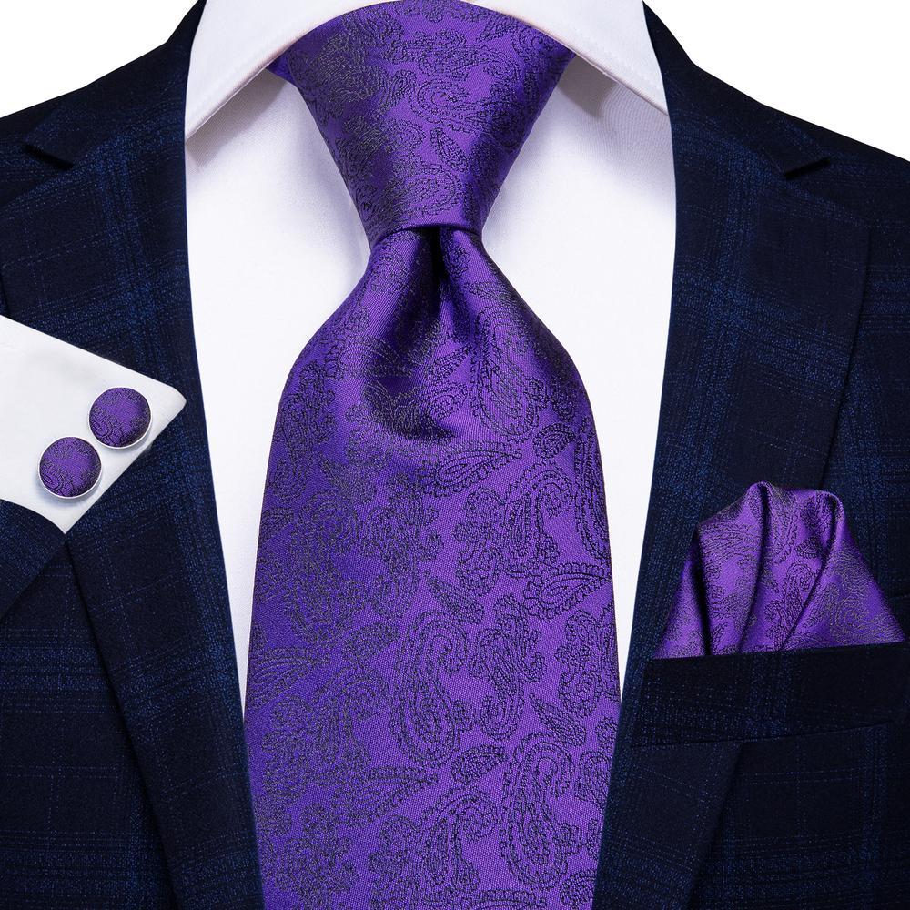 Noble Purple Solid Tie Handkerchief Cufflinks Set with Wedding Brooch