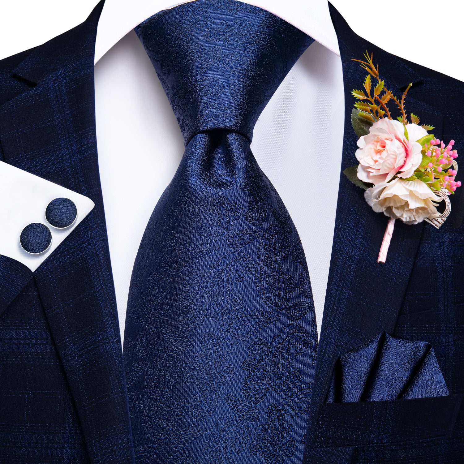 Blue Paisley Tie Handkerchief Cufflinks Set with Wedding Brooch
