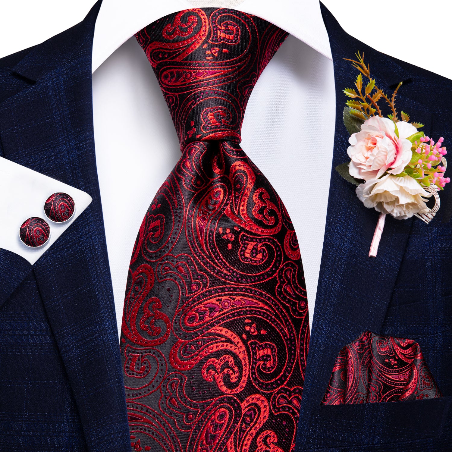 Red Black Paisley Tie Handkerchief Cufflinks Set with Wedding Brooch