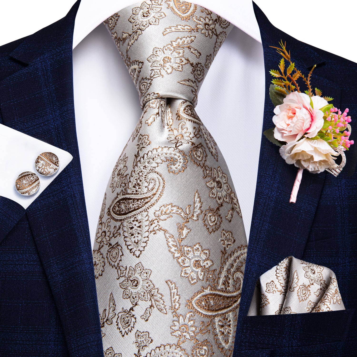 Beige Paisley Tie Handkerchief Cufflinks Set with Wedding Brooch