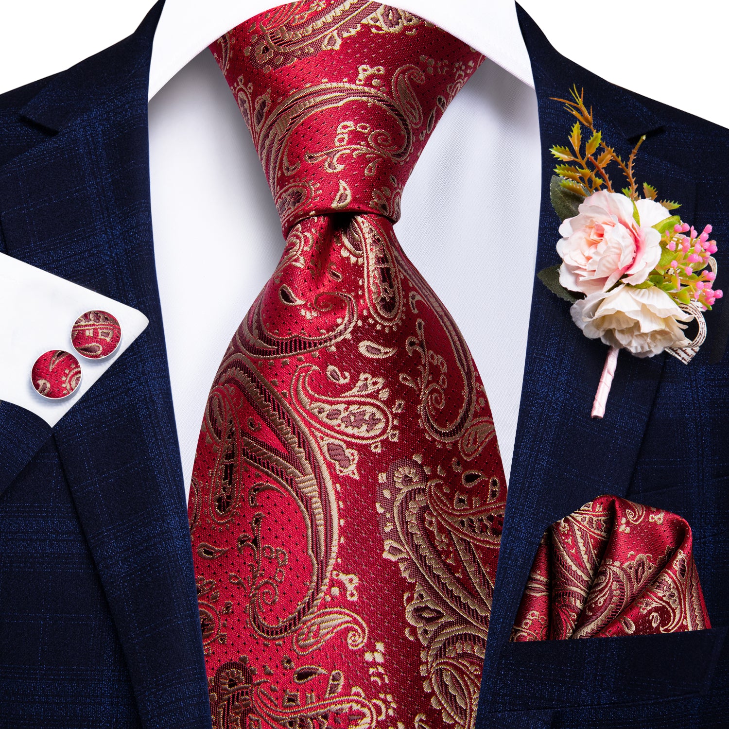 Red Gold Paisley Tie Handkerchief Cufflinks Set with Wedding Brooch