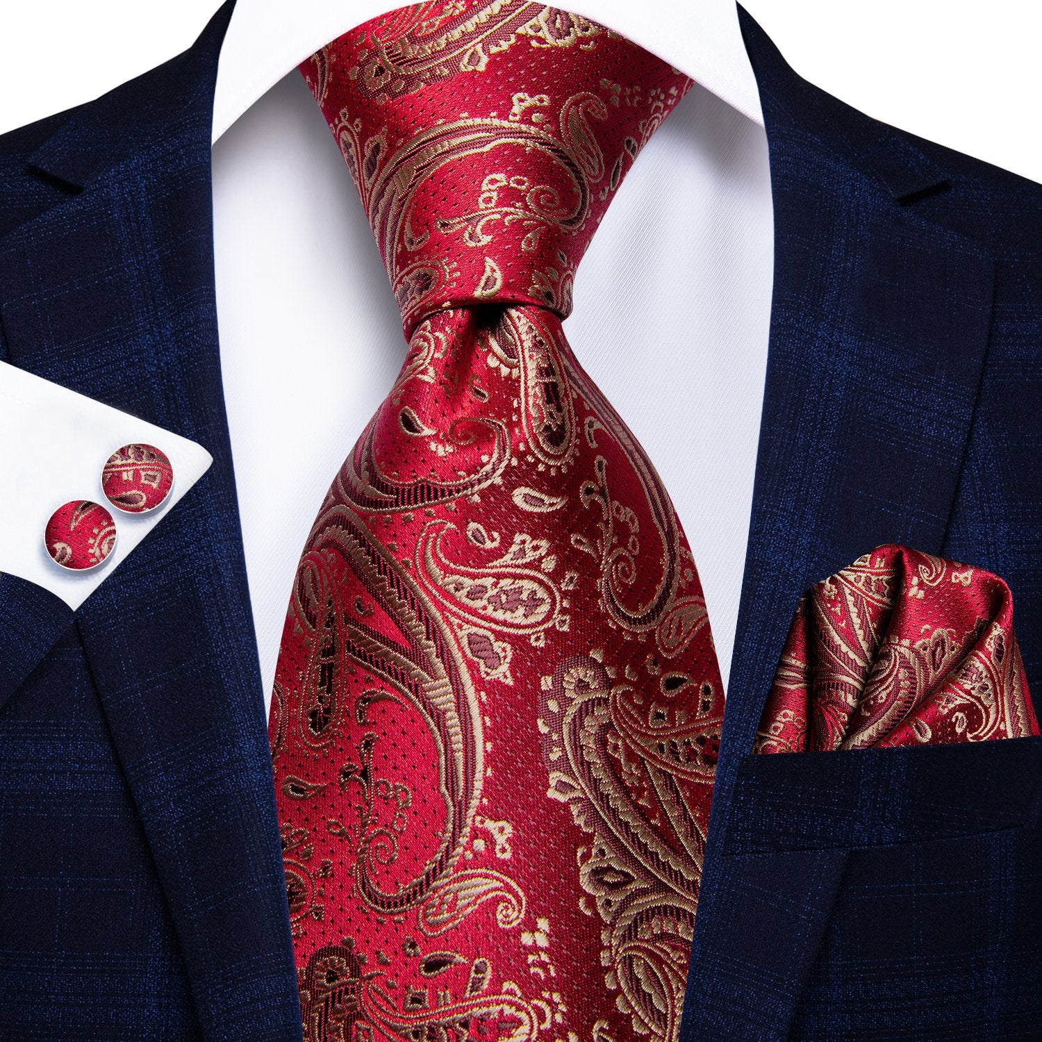Red Gold Paisley Tie Handkerchief Cufflinks Set with Wedding Brooch