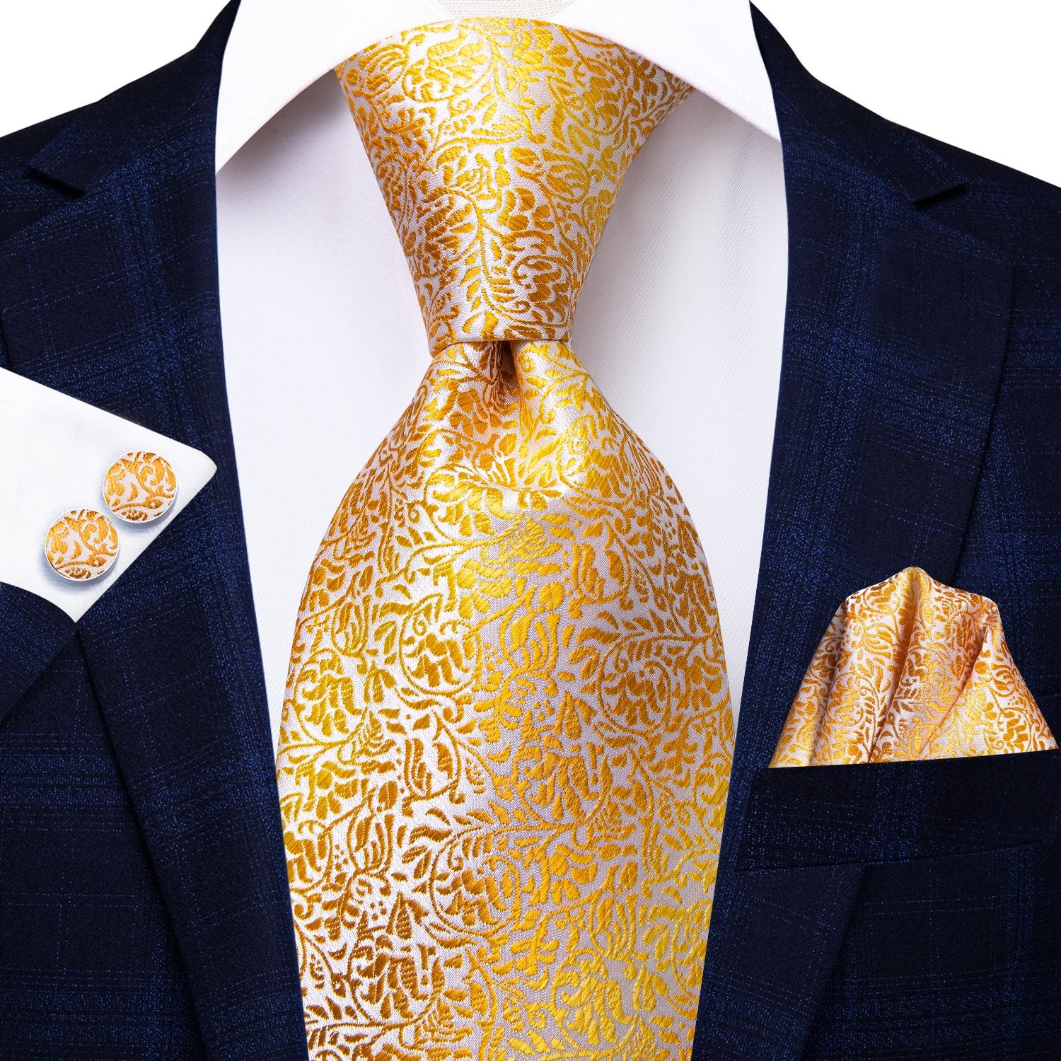 Gold Leaves Silk Tie Handkerchief Cufflinks Set