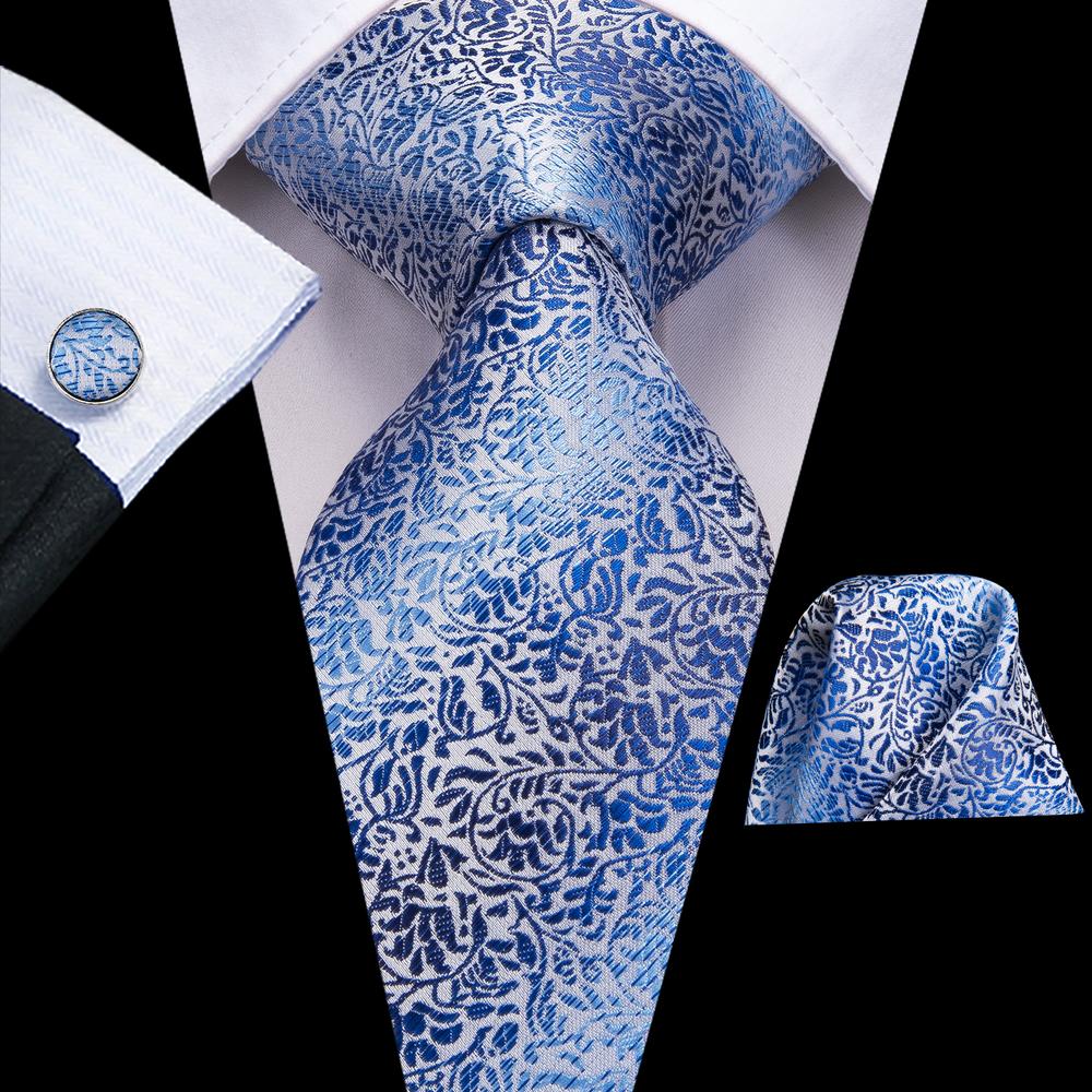 Light Blue Tie Floral Necktie Pocket Square Cufflinks Sets