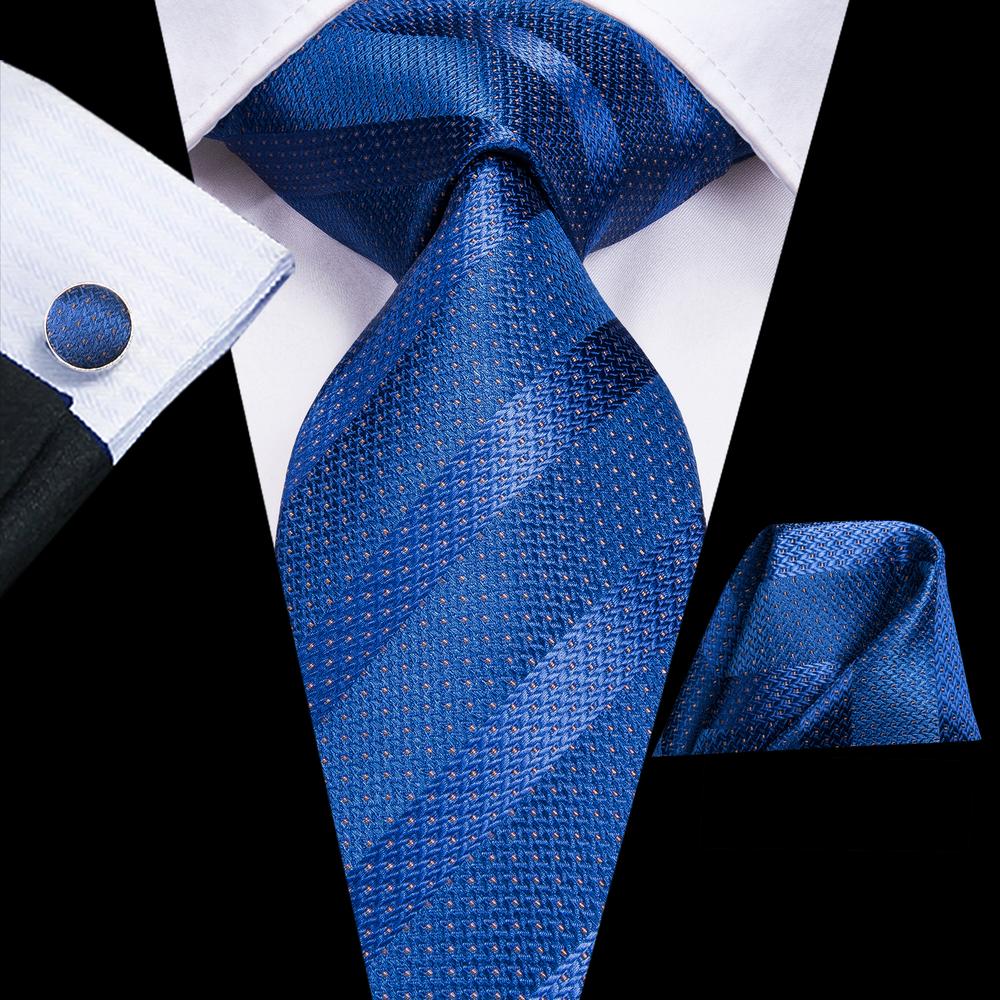 Blue Ties Striped Men's Necktie Pocket Square Cufflinks Set