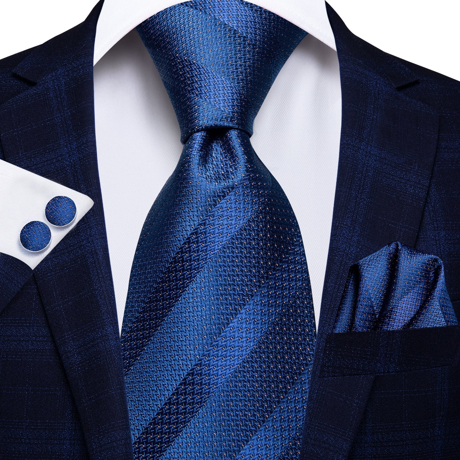 Blue Striped Tie Handkerchief Cufflinks Set with Wedding Brooch