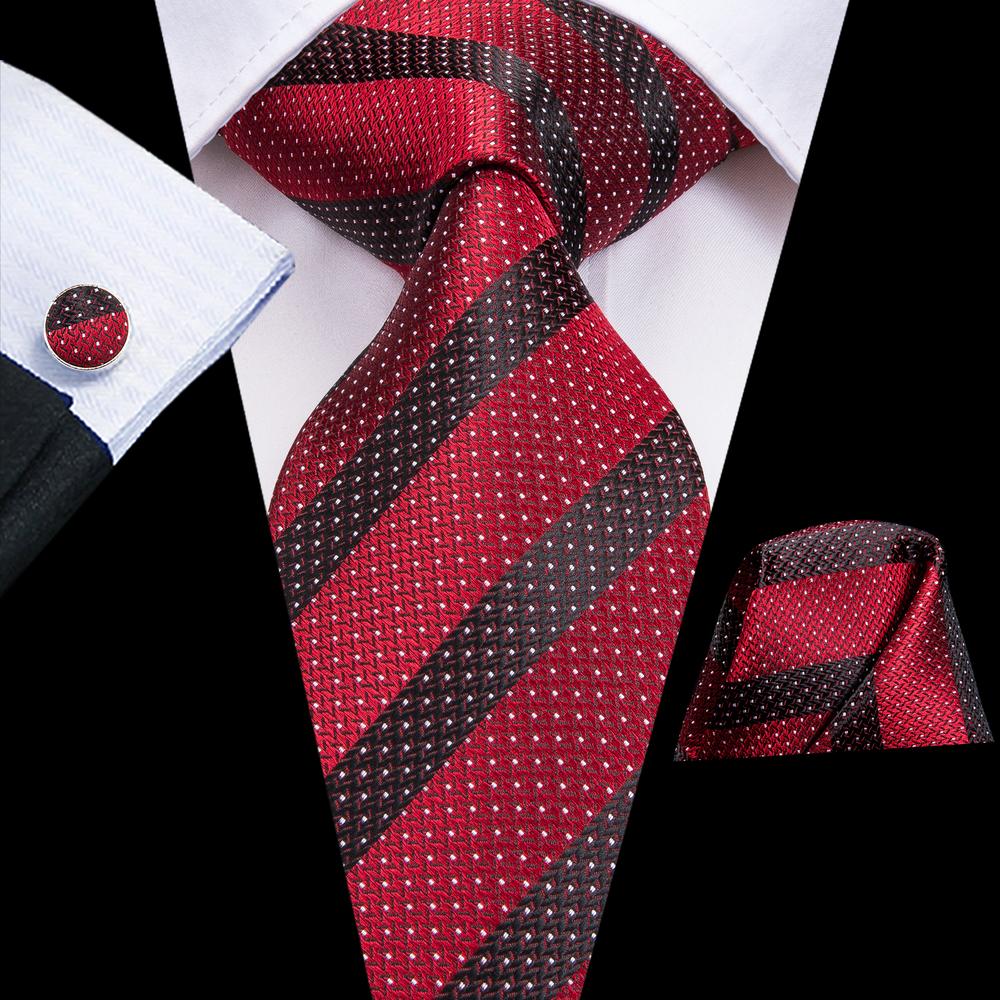 Classic Black Red Striped Tie Pocket Square Cufflinks Set