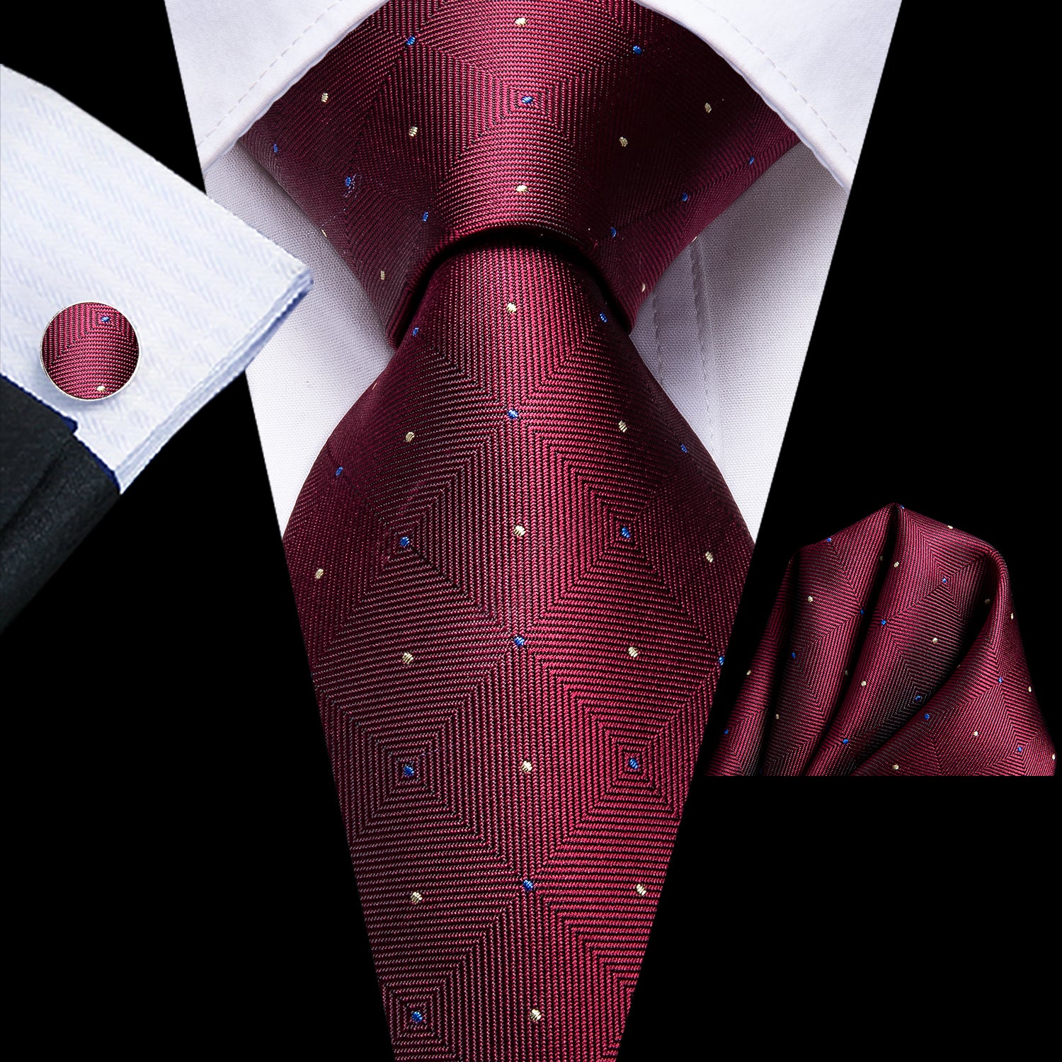 Red Plaid Necktie Pocket Square Cufflinks Set