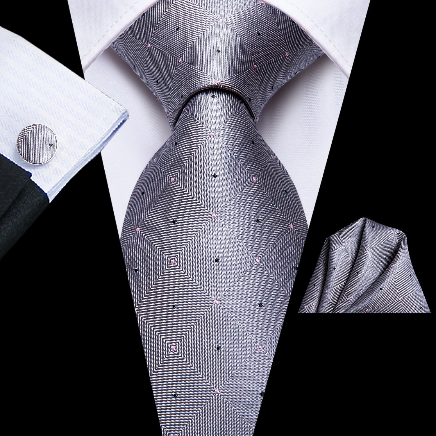 Grey Black Plaid Wedding Necktie Pocket Square Cufflinks Set