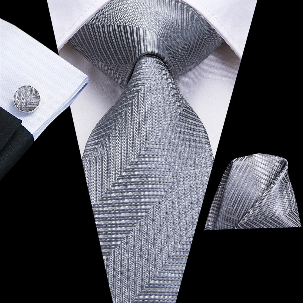 Essential Grey Striped Tie Pocket Square Cufflinks Set