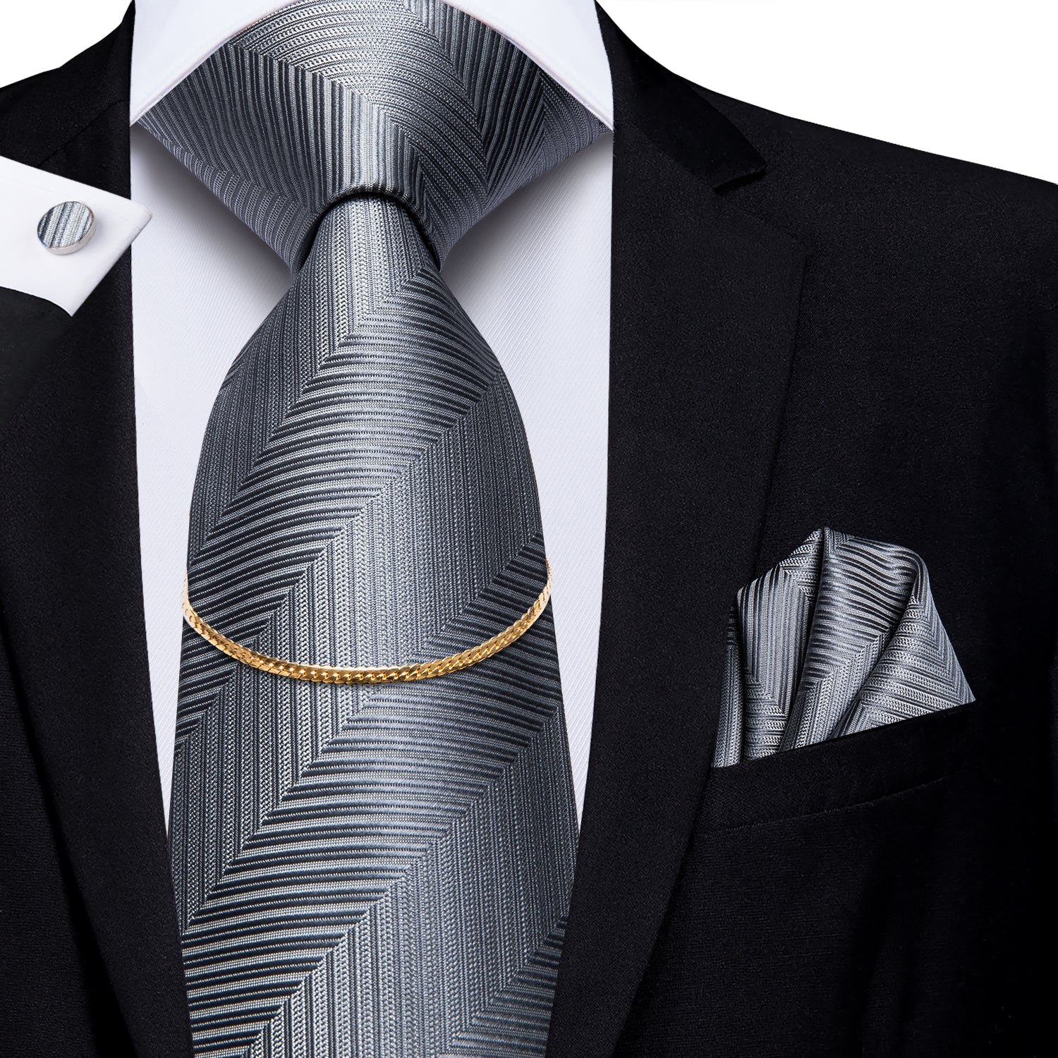 Essential Grey Striped Tie Pocket Square Cufflinks Set With Golden Chain