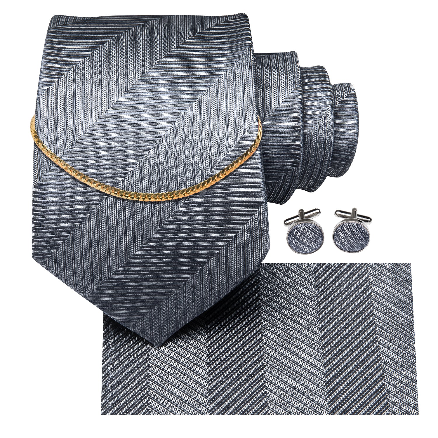 Essential Grey Necktie Pocket Square Cufflinks Set Golden Chain