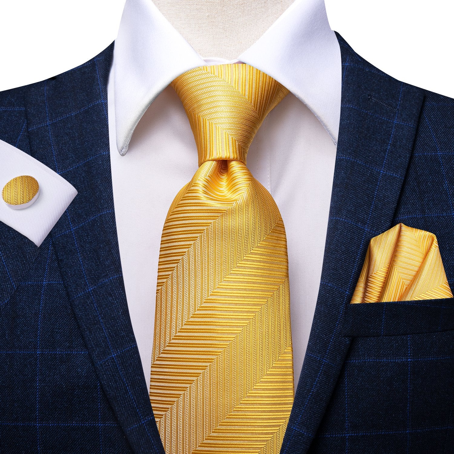 Yellow Color Striped Tie Handkerchief Cufflinks Set gold necktie