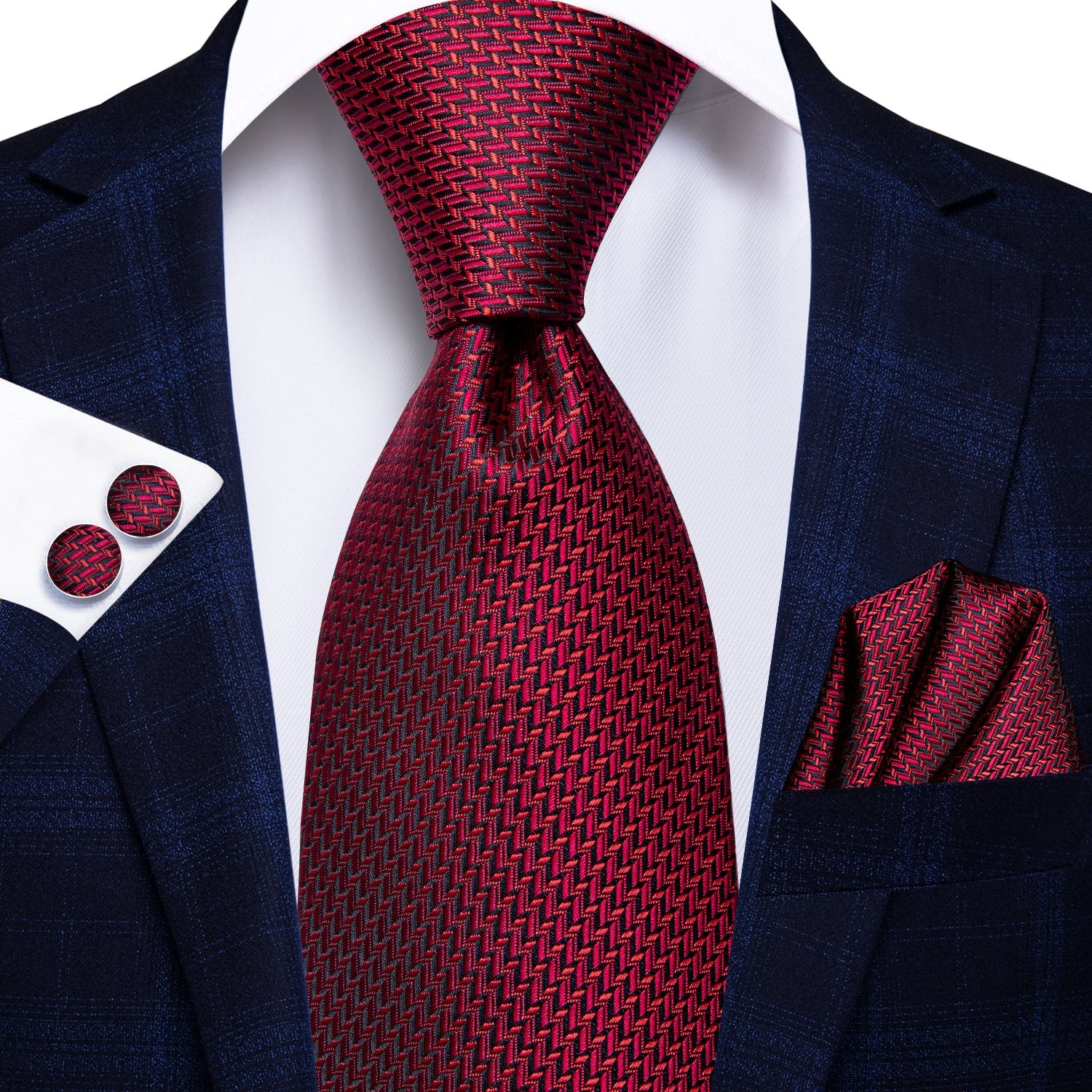 Pop Red Houndstooth Tie Handkerchief Cufflinks Set with Wedding Brooch
