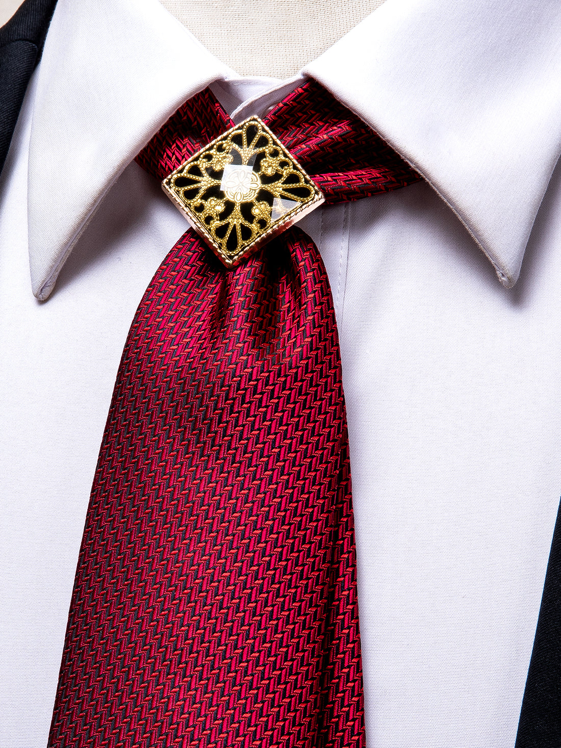 Red Houndstooth Poirot Tie Ring Pocket Square Cufflinks Set