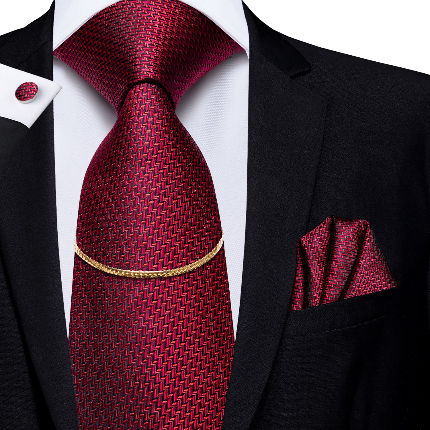 Red Houndstooth Tie Golden Chain Pocket Square Cufflinks Set