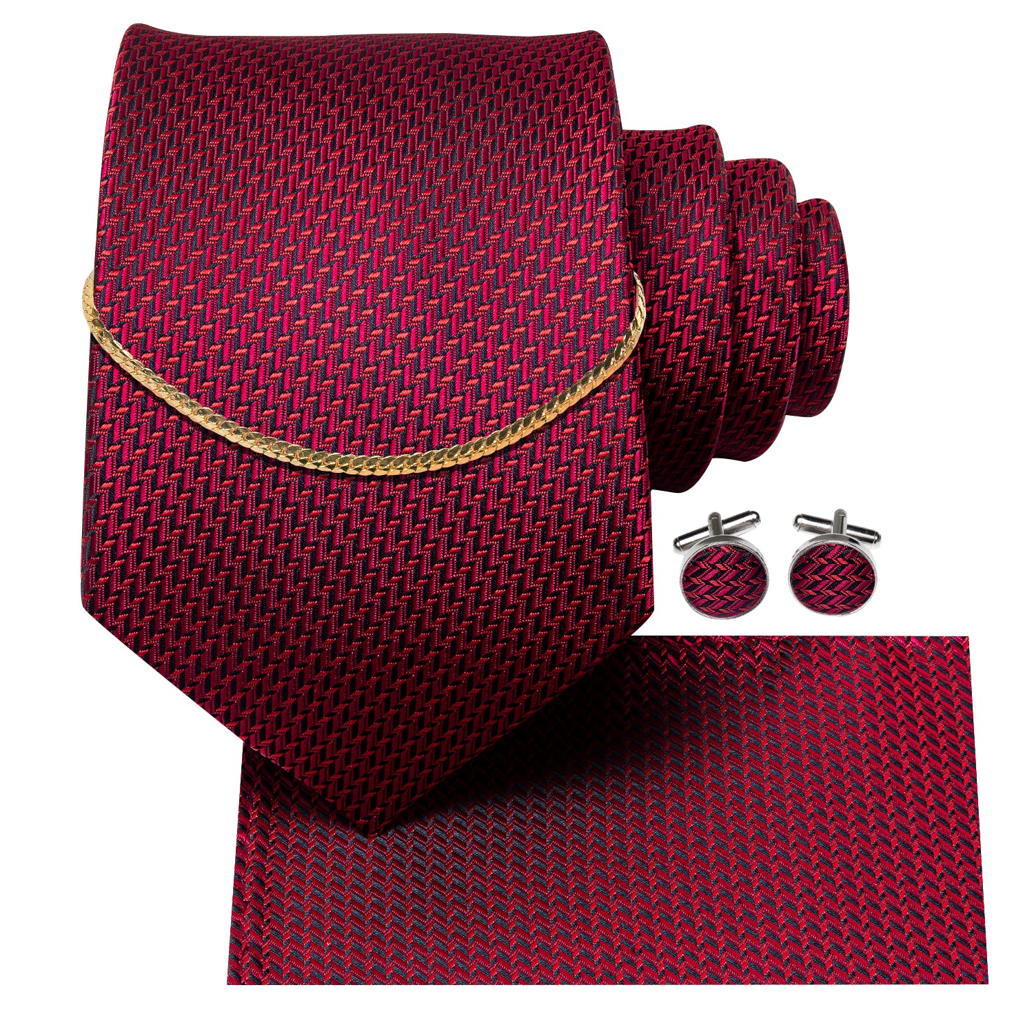 Red Houndstooth Tie Golden Chain Pocket Square Cufflinks Set
