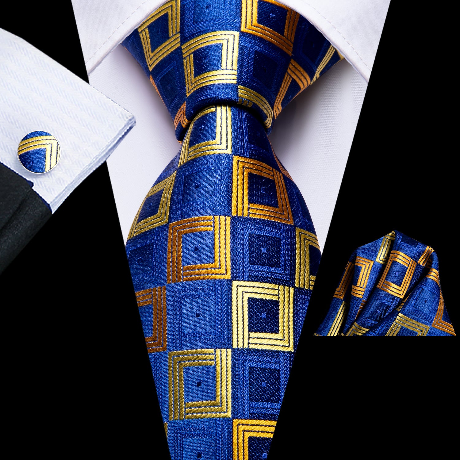 Blue Gold Plaid Tie Handkerchief Cufflinks Set with Wedding Brooch