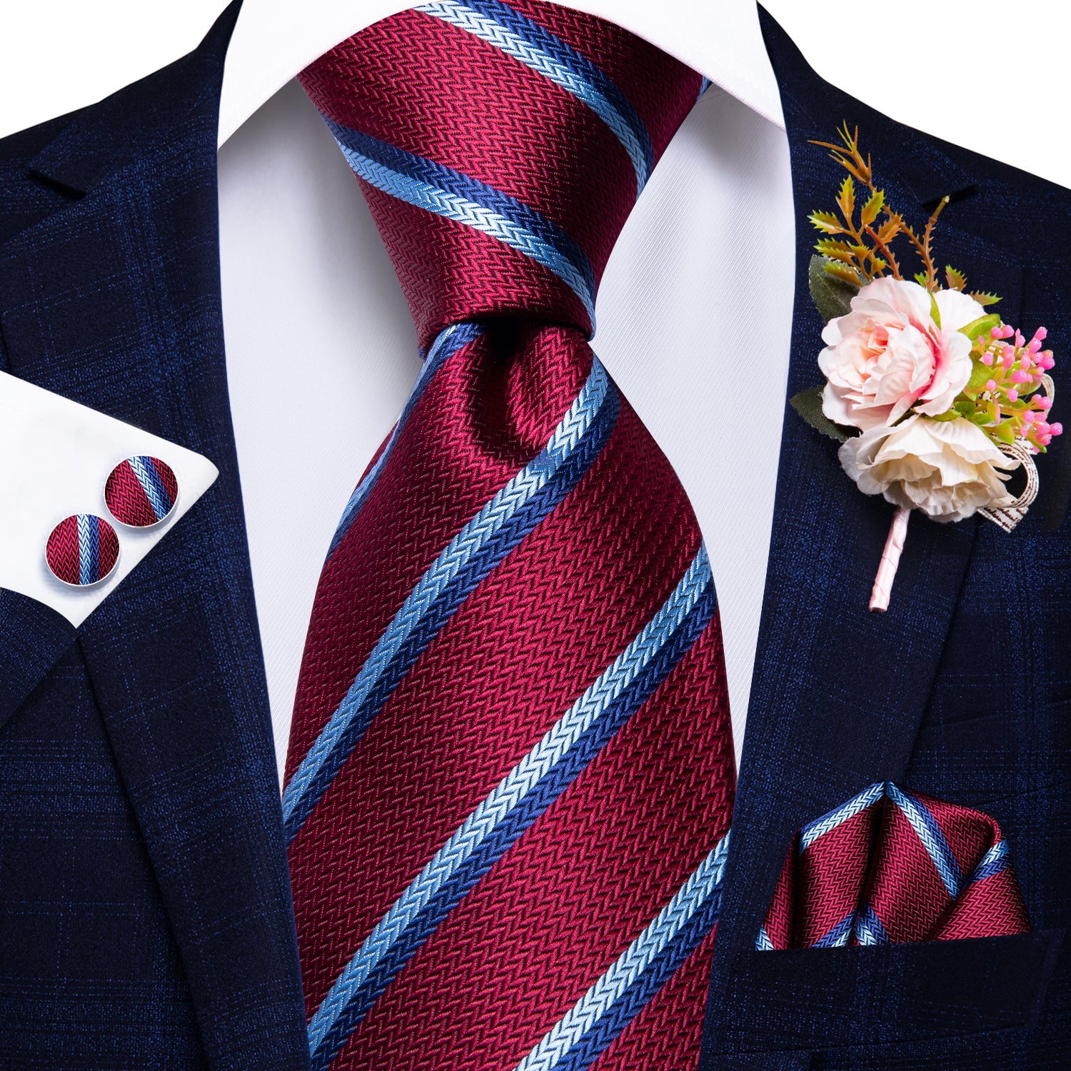 Burgundy Red Striped Tie Handkerchief Cufflinks Set with Wedding Brooch