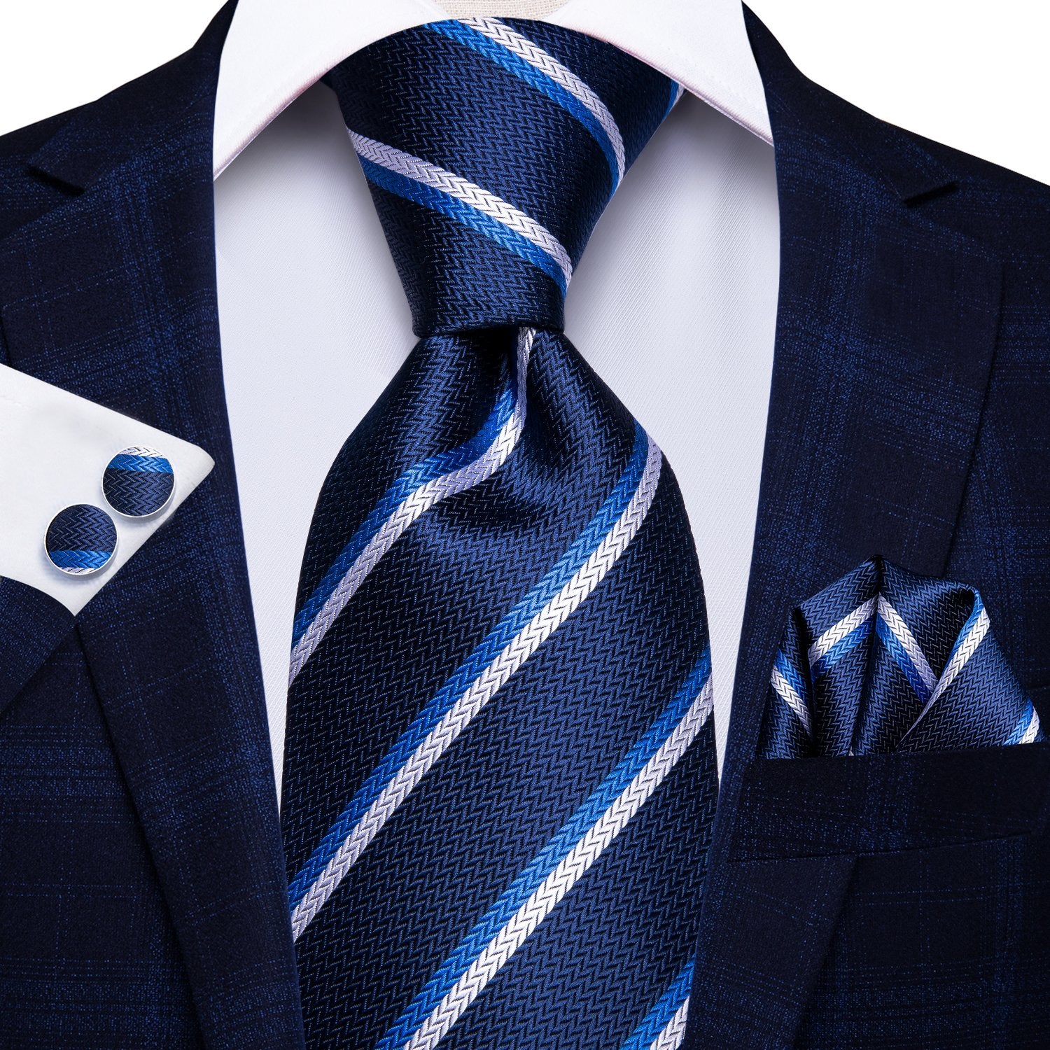 Royal Blue Striped Tie Handkerchief Cufflinks Set with Wedding Brooch