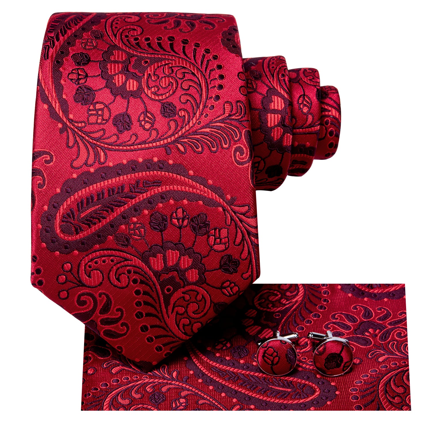 Red Paisley Tie Handkerchief Cufflinks Set with Wedding Brooch