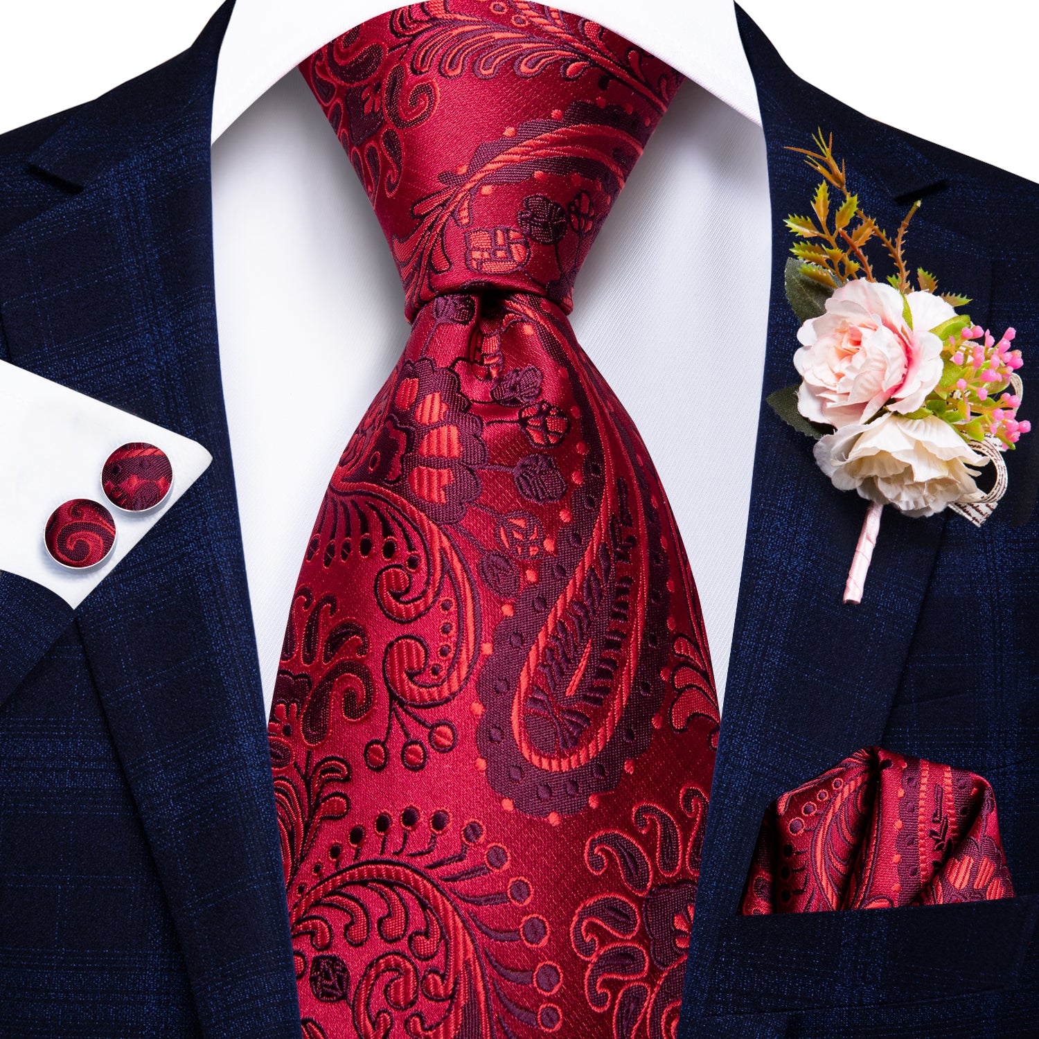 Red Paisley Tie Handkerchief Cufflinks Set with Wedding Brooch