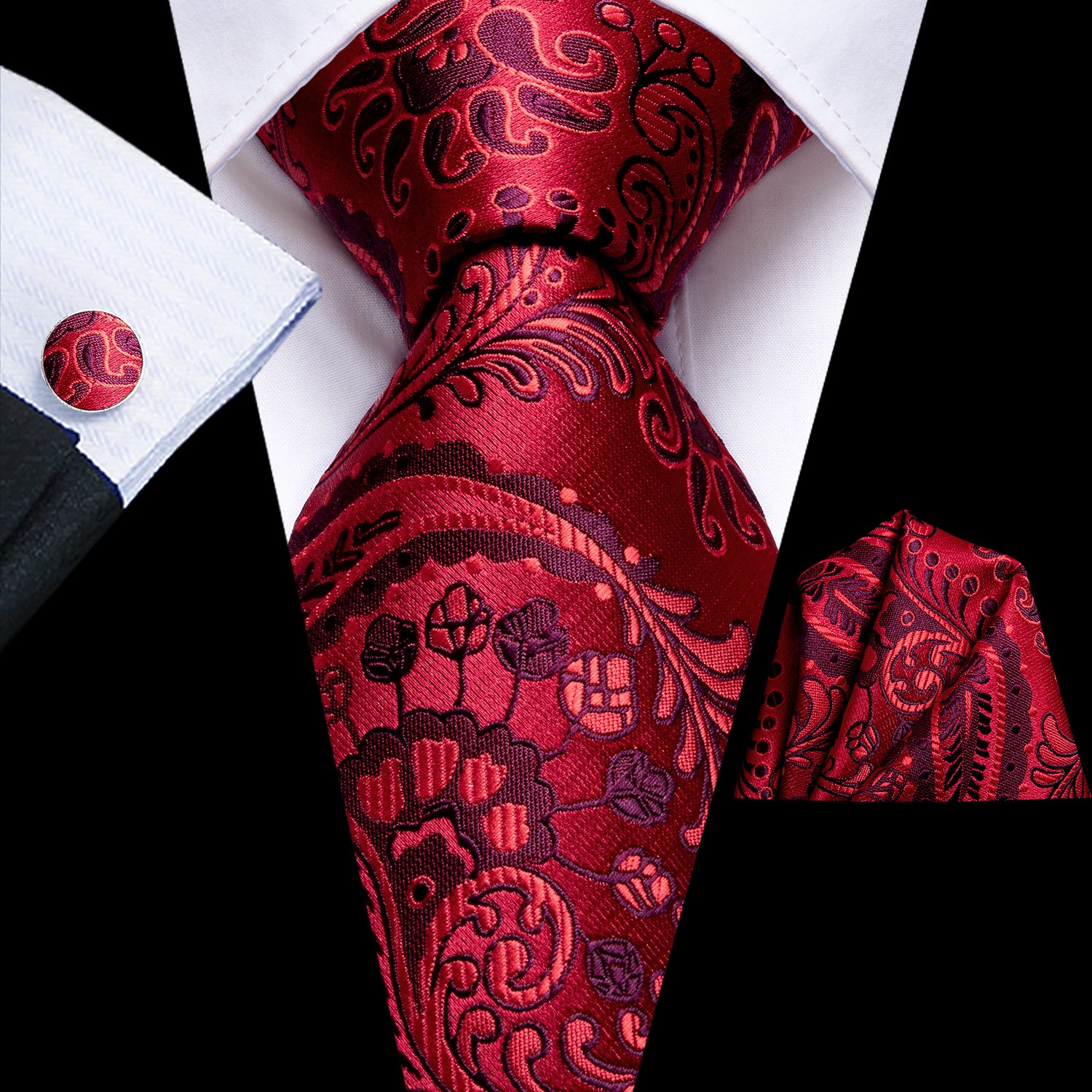 Red Paisley Tie Handkerchief Cufflinks Set with Wedding Brooch
