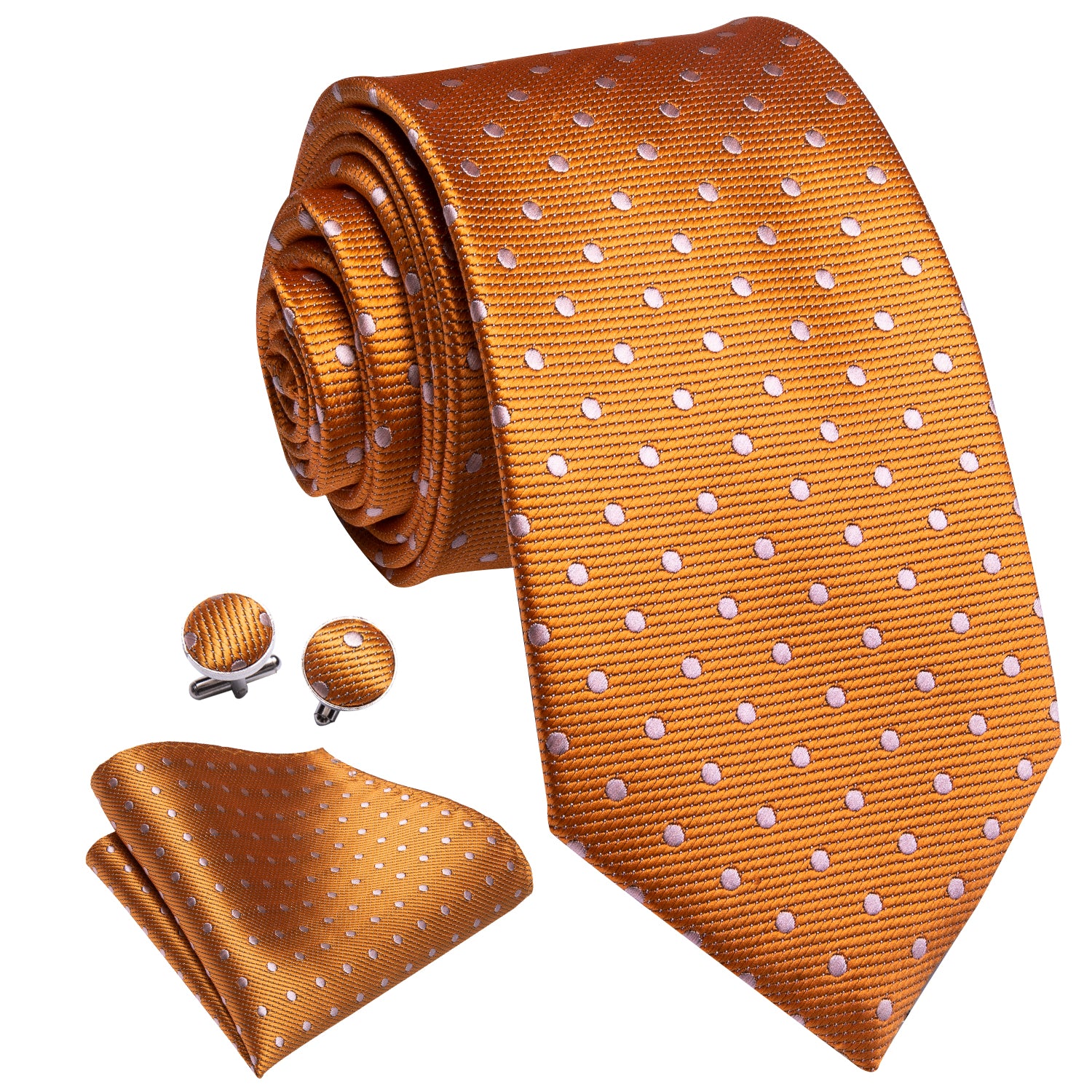 Hi-Tie Orange Snow Polka Dot Necktie Pocket Square Cufflinks Set