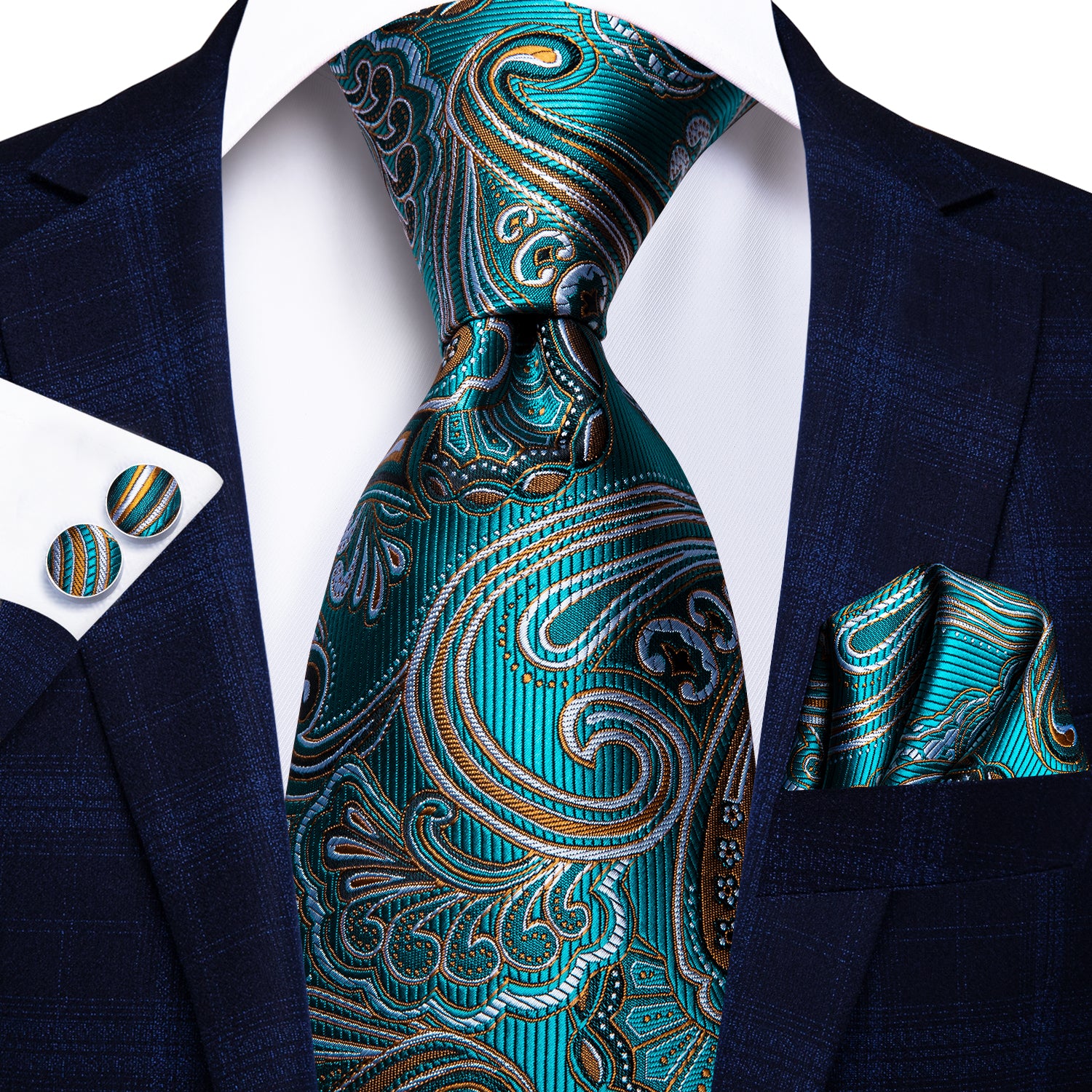 Blue Green Paisley Men's Necktie Pocket Square Cufflinks Set