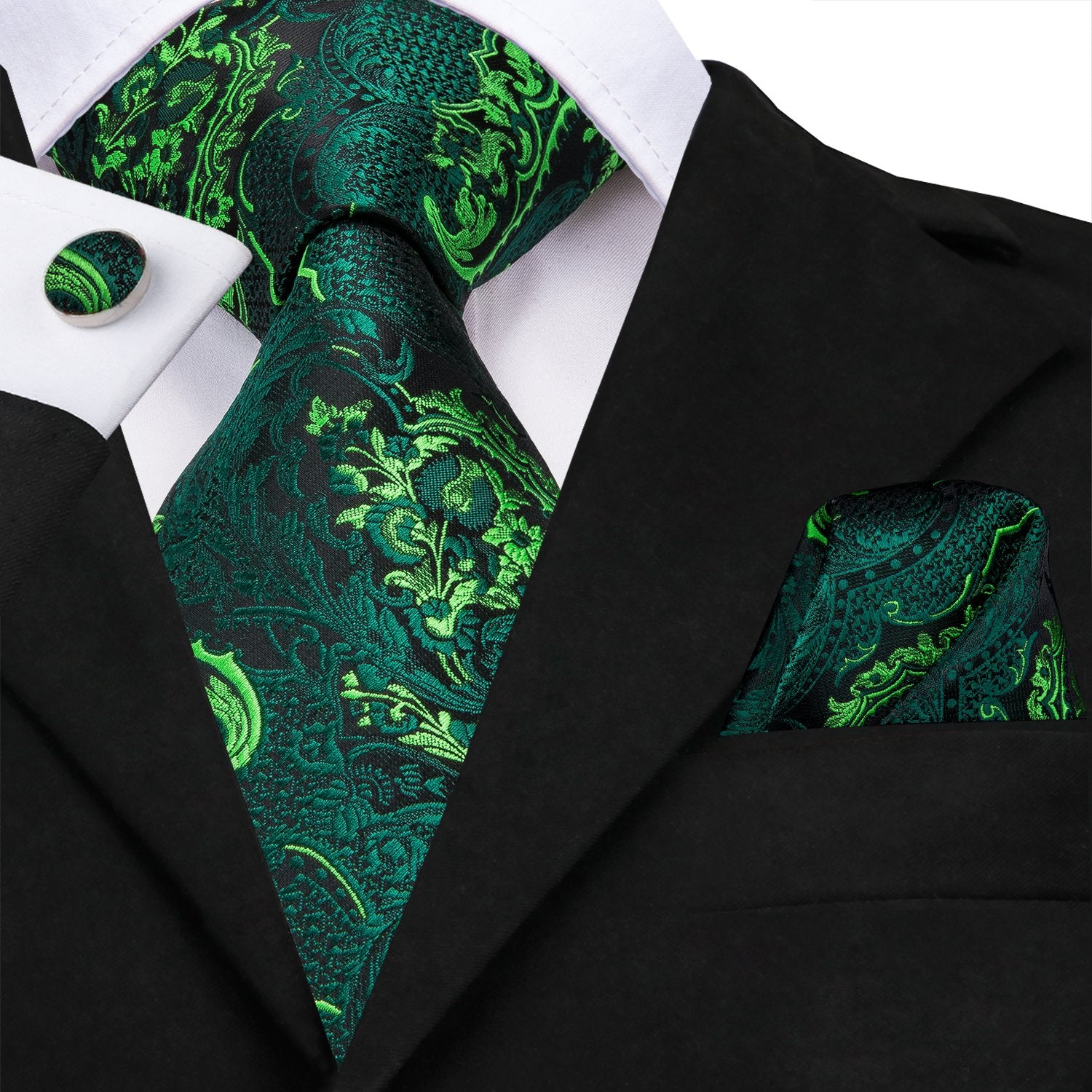 Hi-Tie Dark Green Tie Mens Paisley Necktie Pocket Square Cufflinks Set Hi-Tie Dark Green Tie Mens Paisley Necktie Pocket Square Cufflinks Set