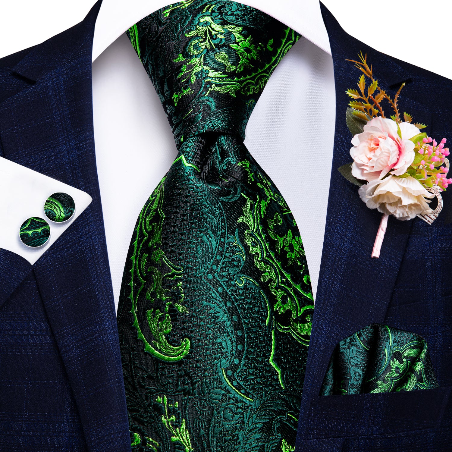 Green Paisley Tie Handkerchief Cufflinks Set with Wedding Brooch