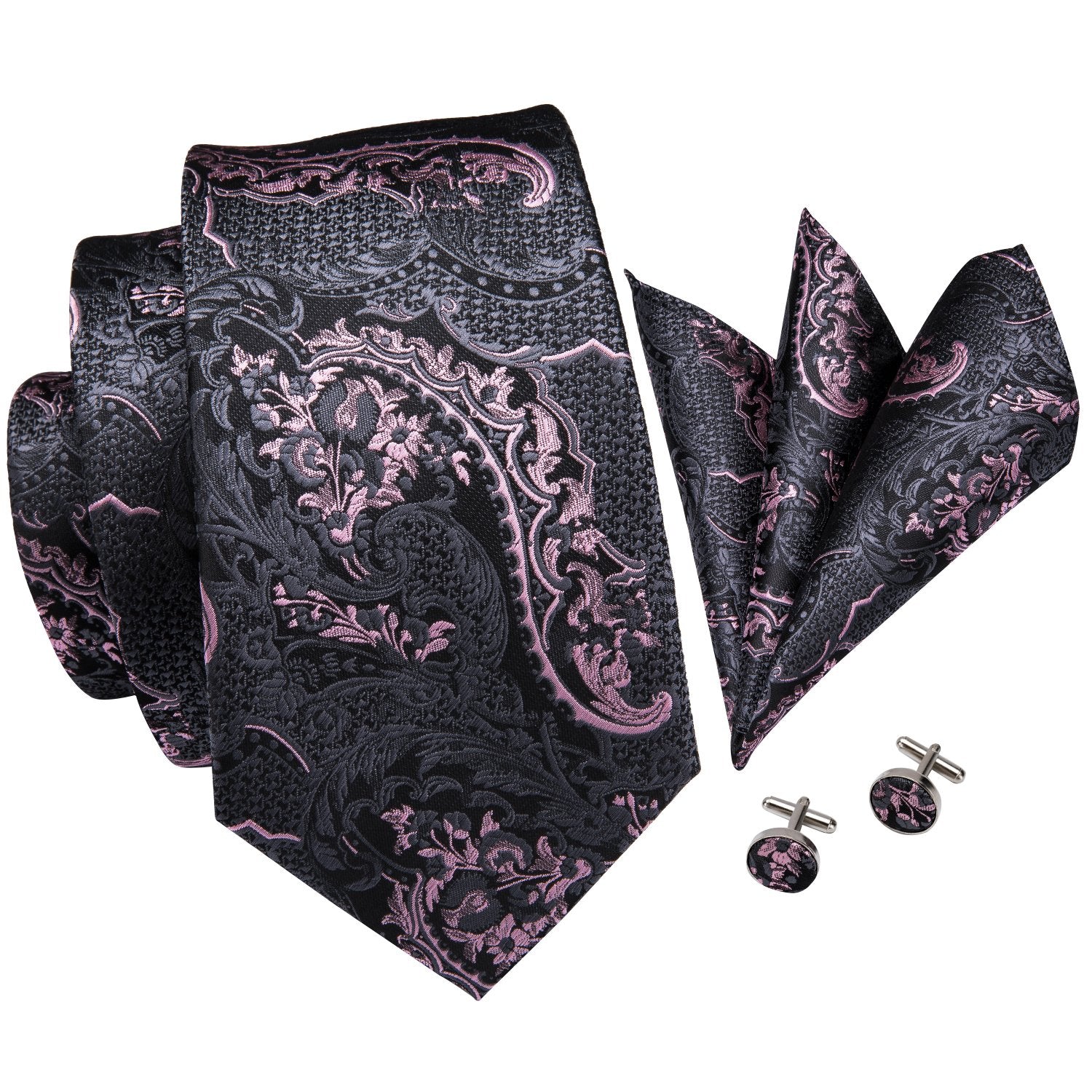 Grey Mens Tie Pink Paisley Necktie Pocket Square Cufflinks Set