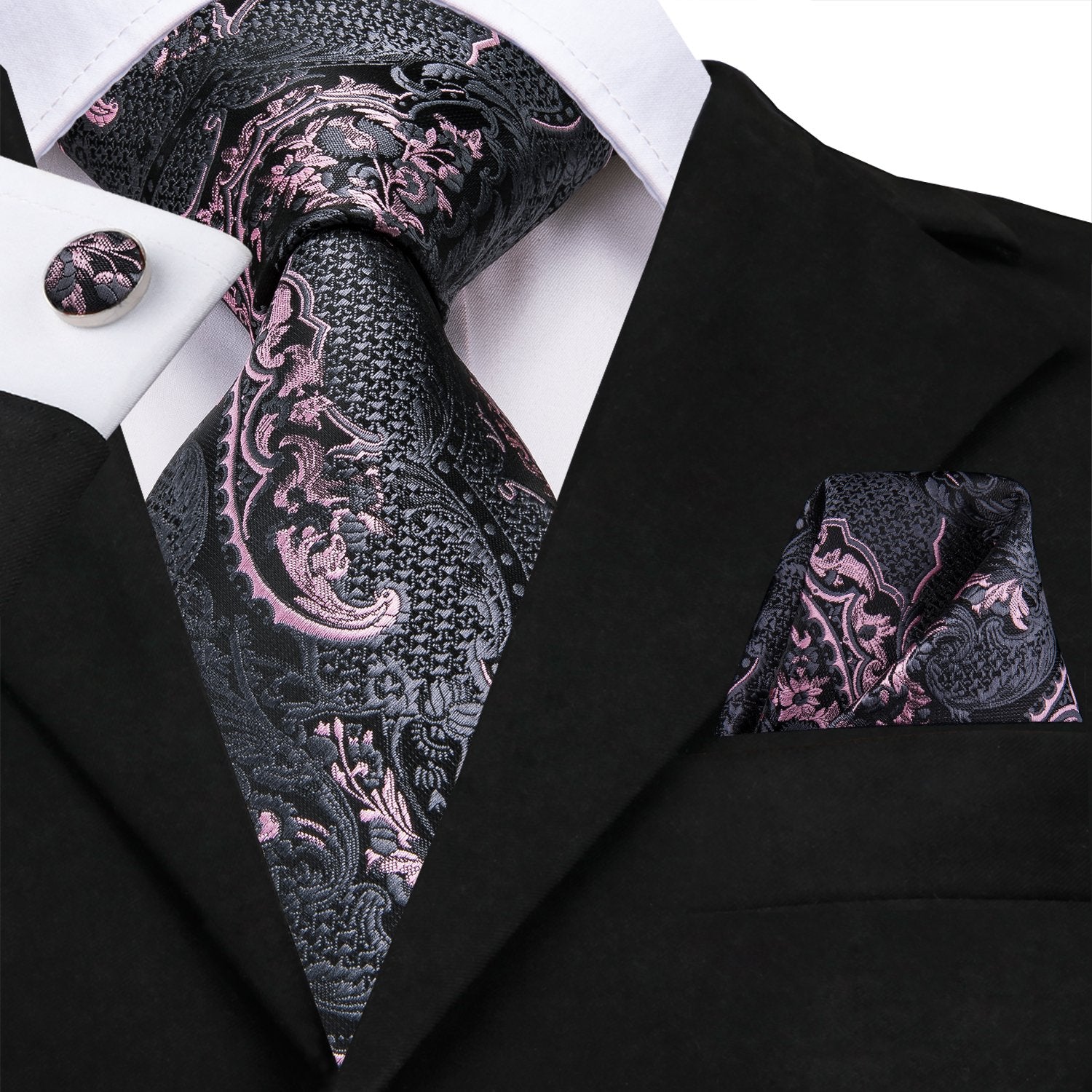 Hi-Tie Grey Mens Tie Pink Paisley Necktie Pocket Square Cufflinks Set, 59 Inches Hi-Tie Grey Mens Tie Pink Paisley Necktie Pocket Square Cufflinks Set, 59 Inches