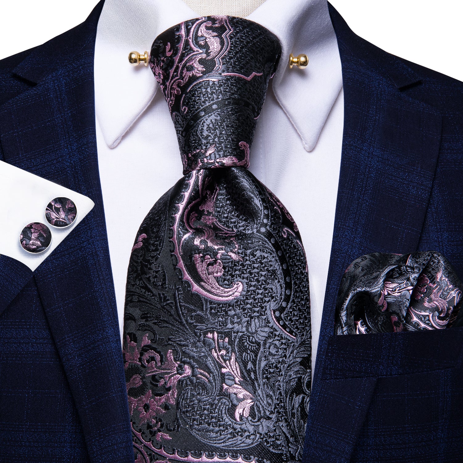 Grey Pink Paisley Necktie Pocket Square Cufflinks Set with Collar Pin