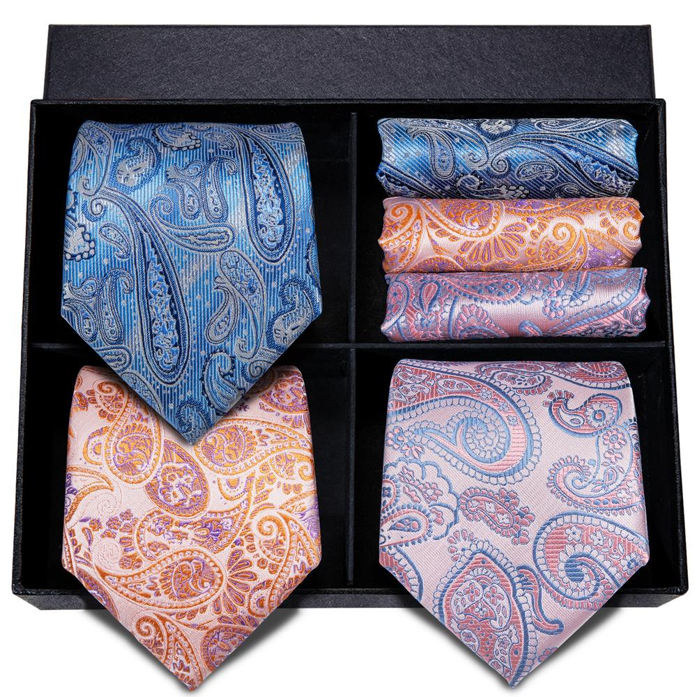 Pink Blue Orange Paisley Tie Pocket Square Cufflinks Gift Box Set