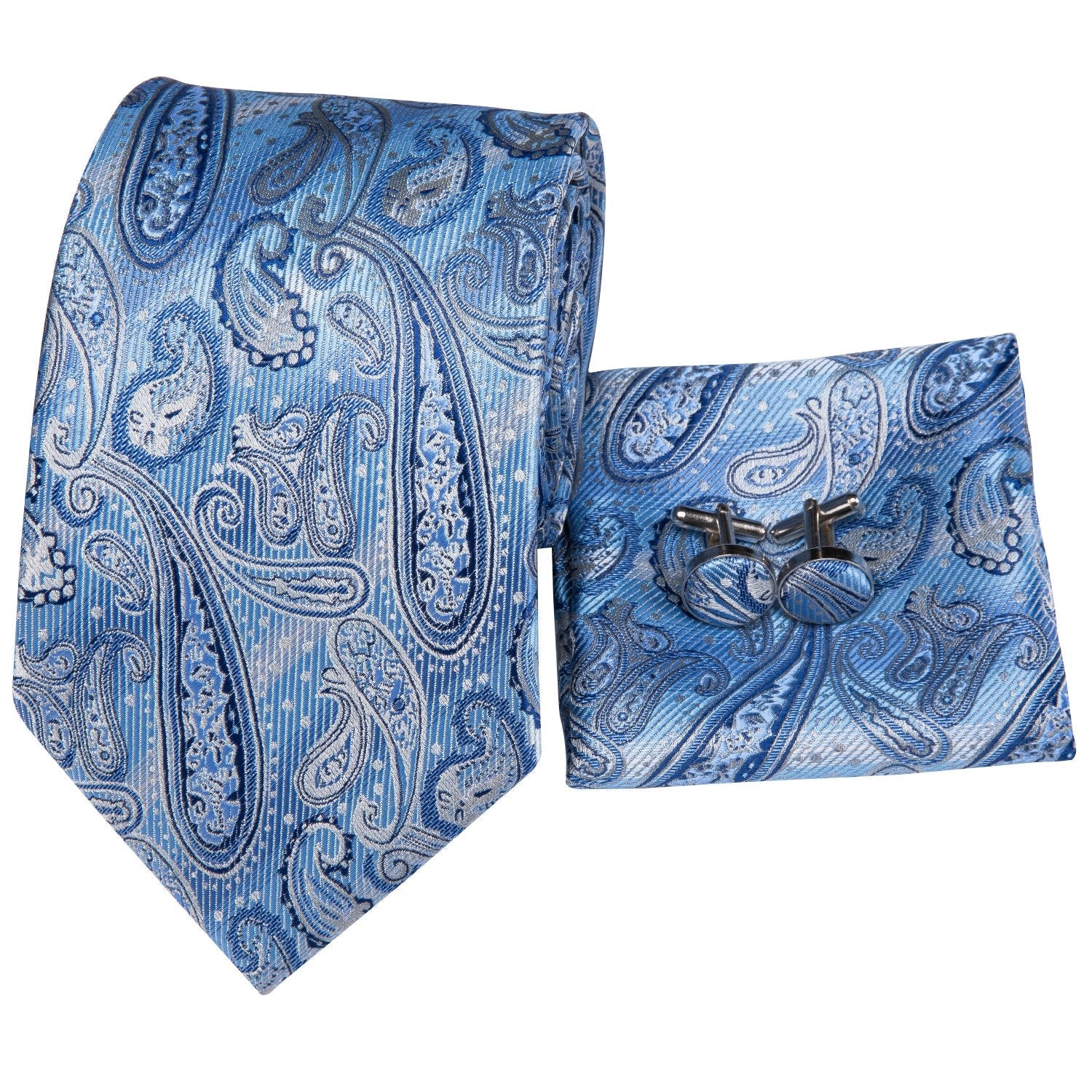 Sky Blue Paisley 63 Inches Necktie Pocket Square Cufflinks Set