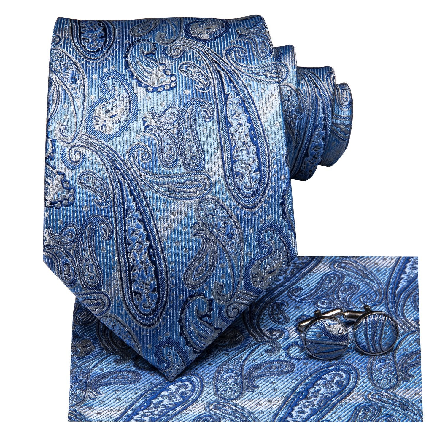 Sky Blue Paisley 63 Inches Necktie Pocket Square Cufflinks Set