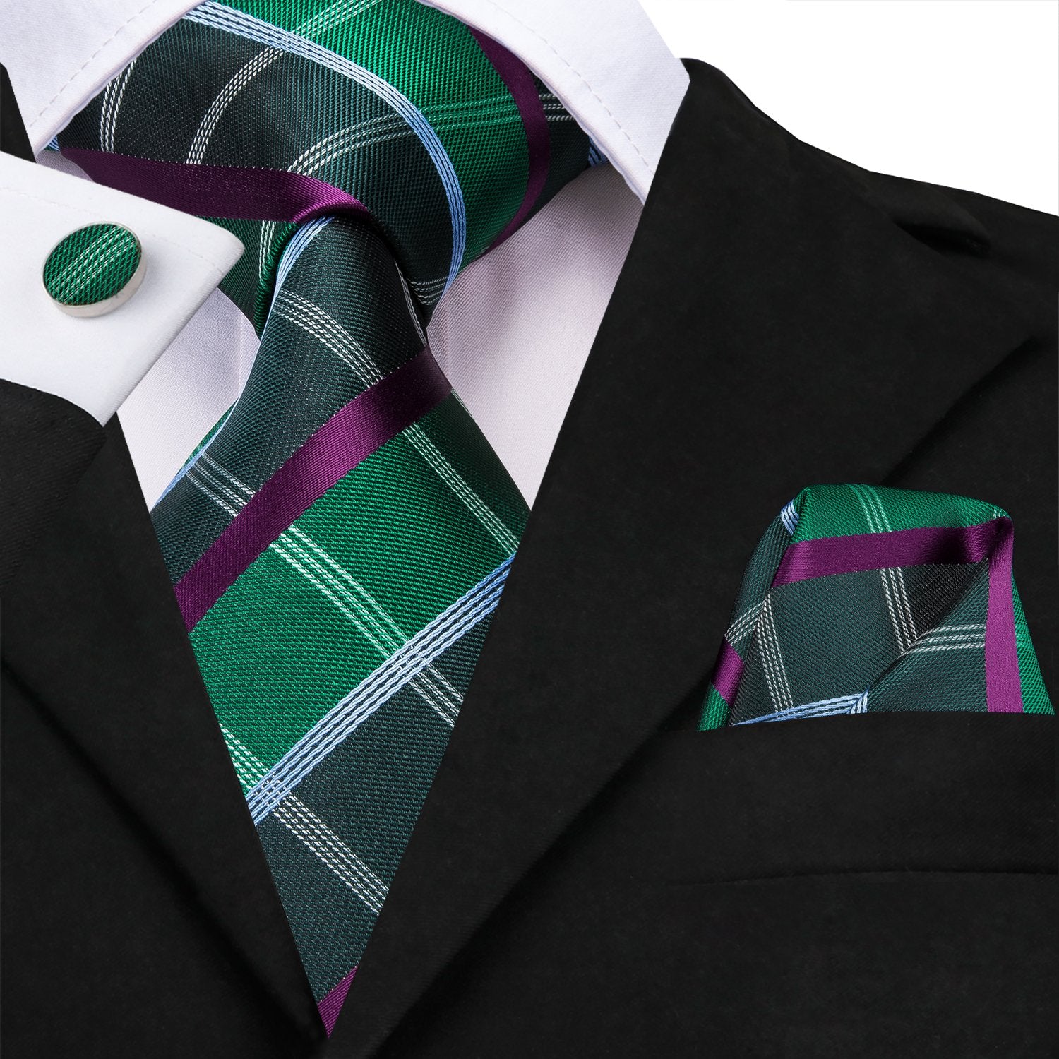 Hi-Tie Green Darkmagenta Plaid Men's Necktie Pocket Square Cufflinks Set