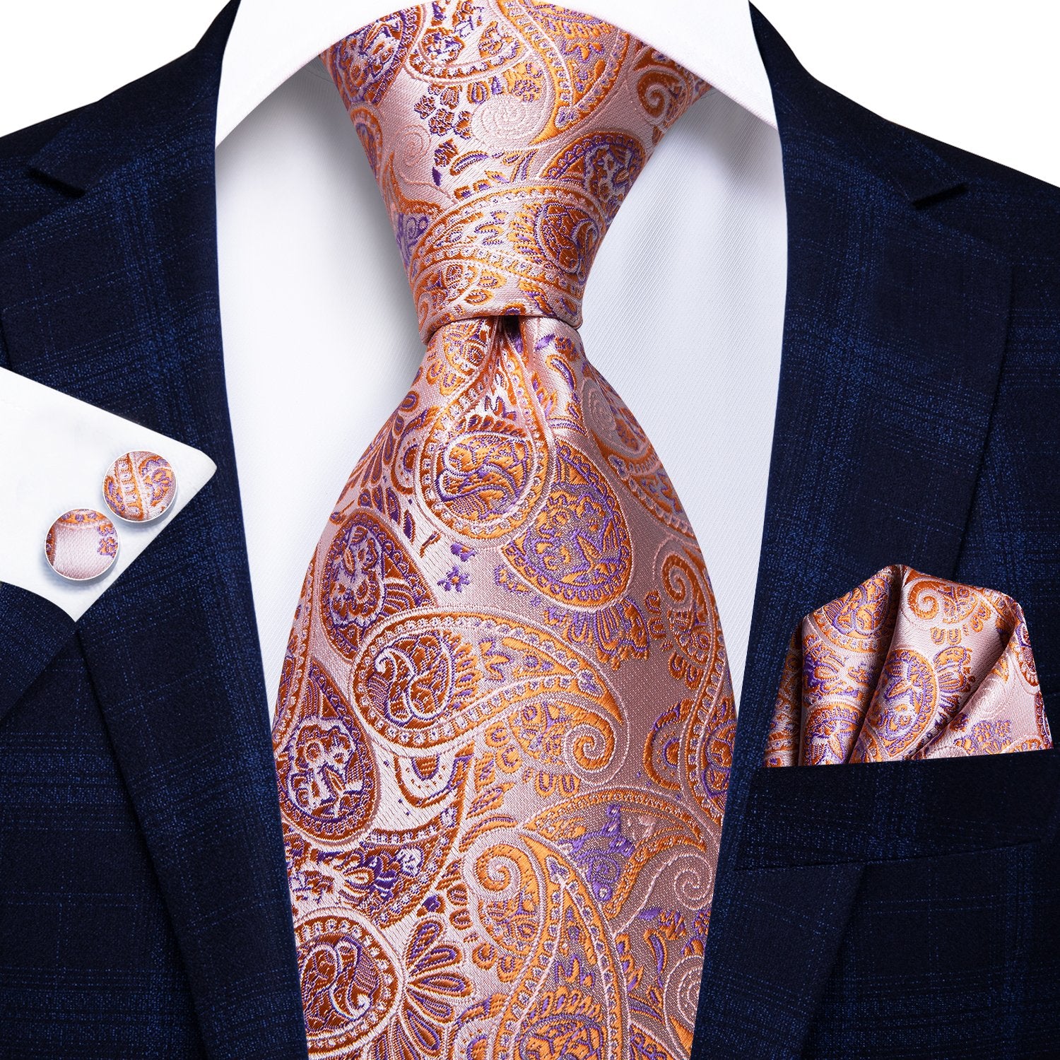 Orange Plum Paisley Tie Handkerchief Cufflinks Set with Wedding Brooch