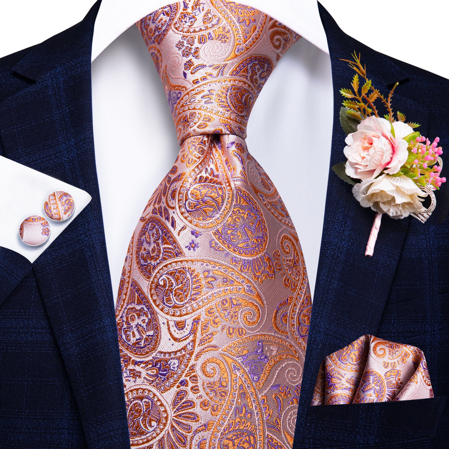 Orange Plum Paisley Tie Handkerchief Cufflinks Set with Wedding Brooch