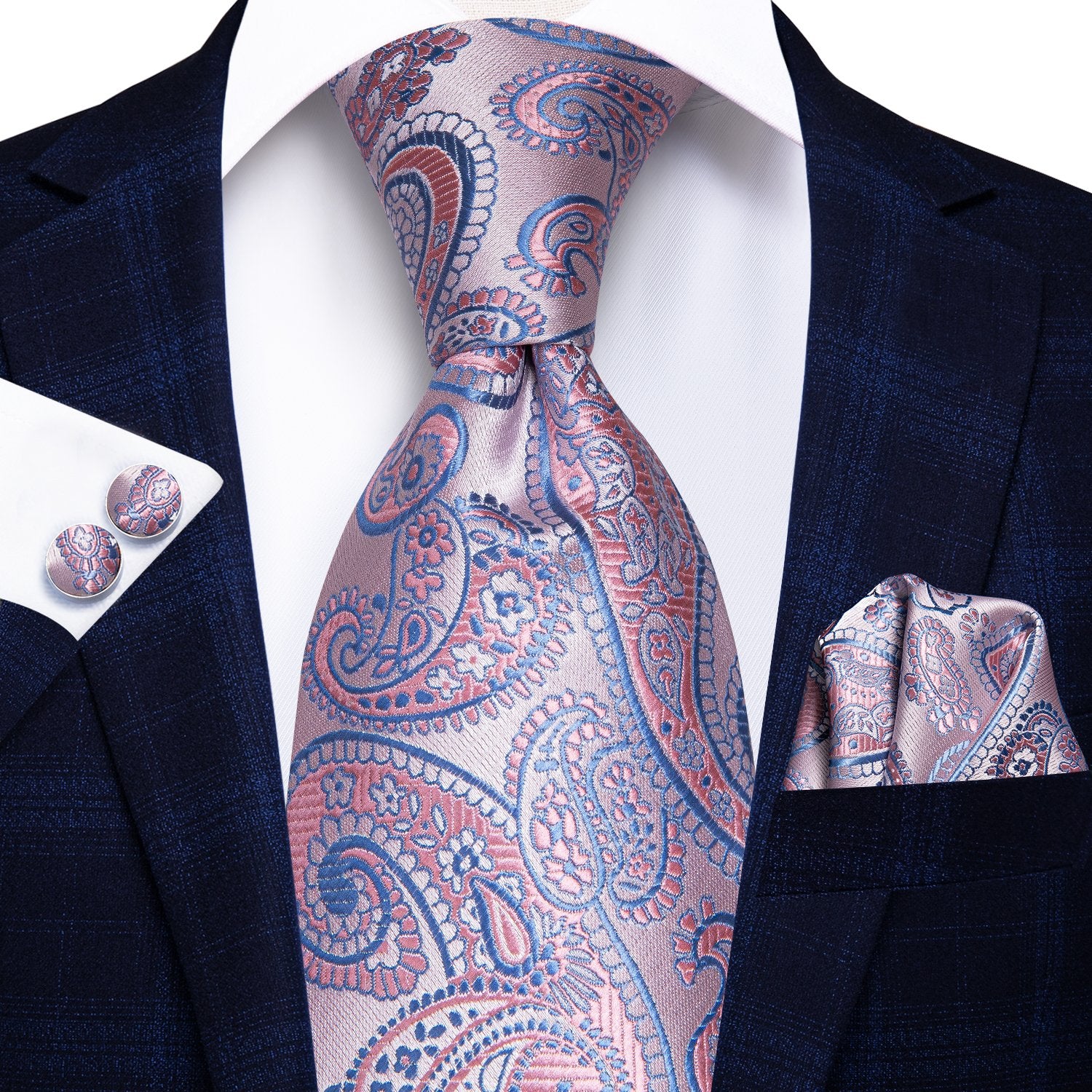 Pink Blue Paisley Tie Handkerchief Cufflinks Set with Wedding Brooch