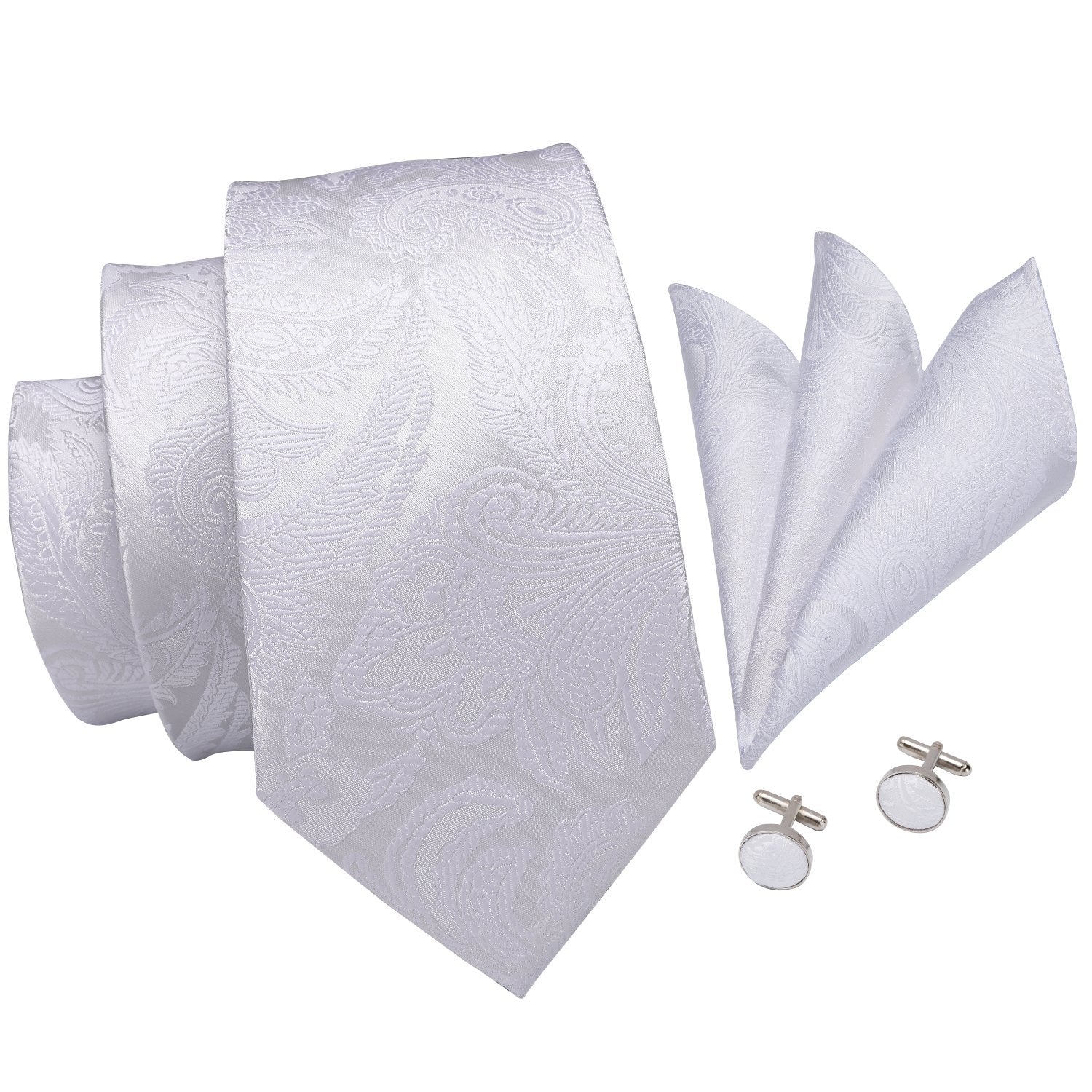 Pure White Paisley Men's Necktie Pocket Square Cufflinks Set with Collar Pin