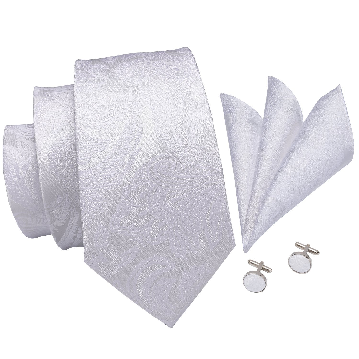 White Paisley Tie Pocket Square Cufflinks Set with Collar Pin