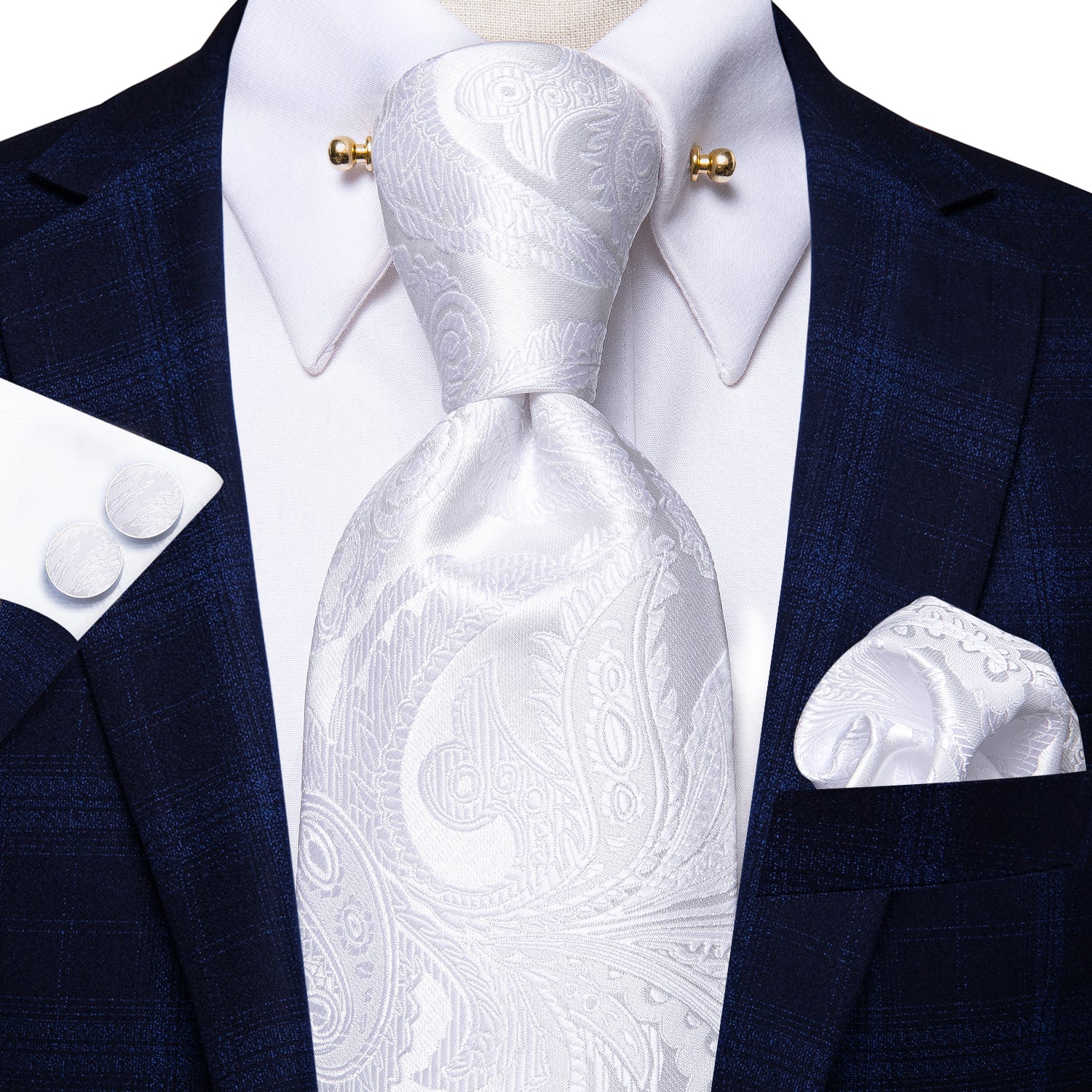 White Paisley Tie Pocket Square Cufflinks Set with Collar Pin