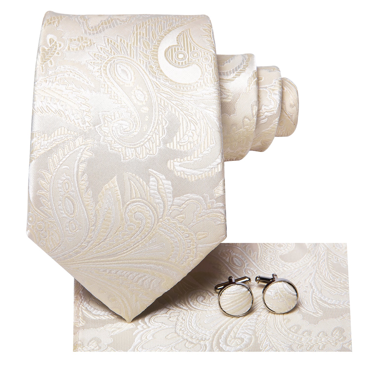 Beige Paisley Men's Tie Pocket Square Cufflinks Set Collar Pin