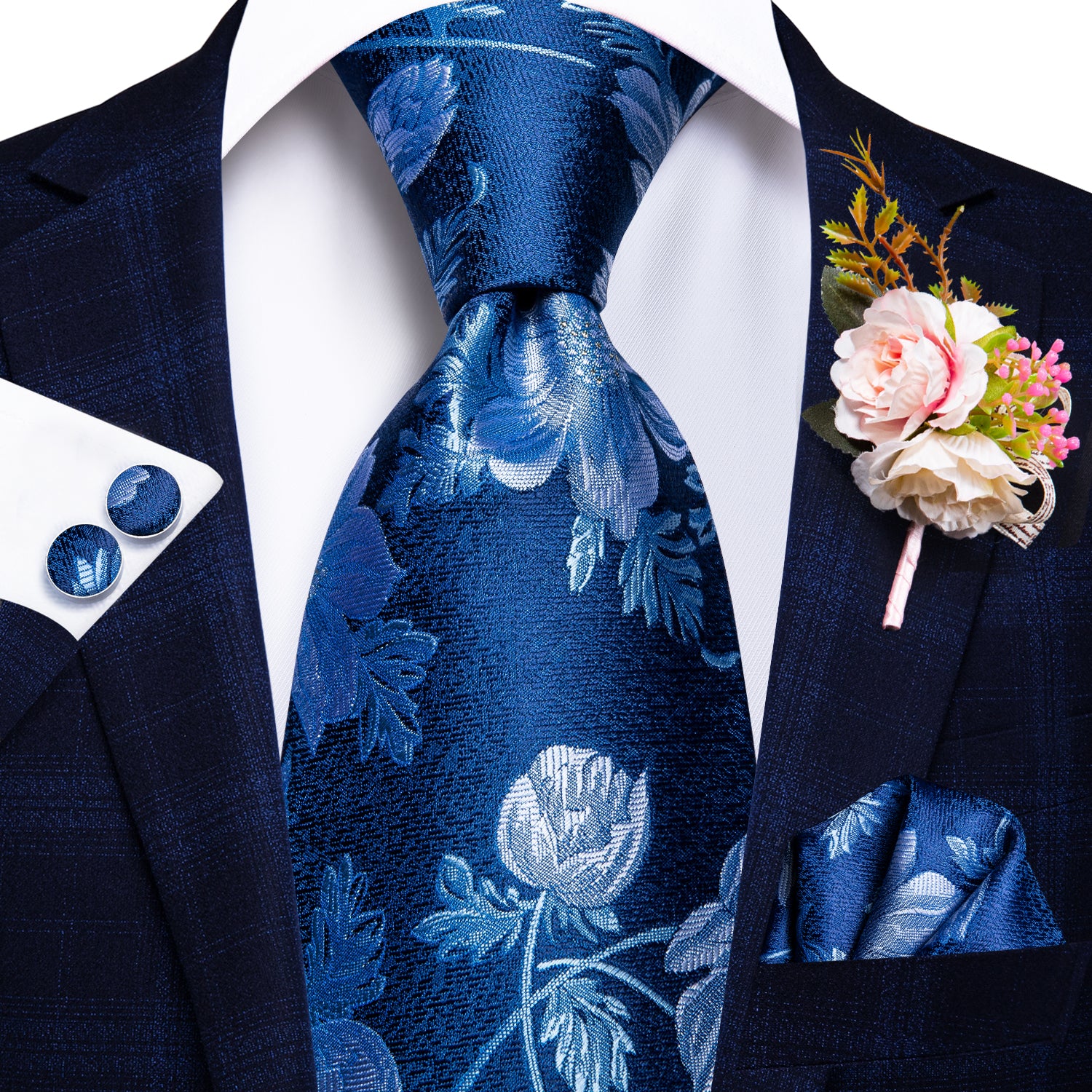 Hi-Tie Blue Floral Tie Handkerchief Cufflinks Set with Wedding Brooch
