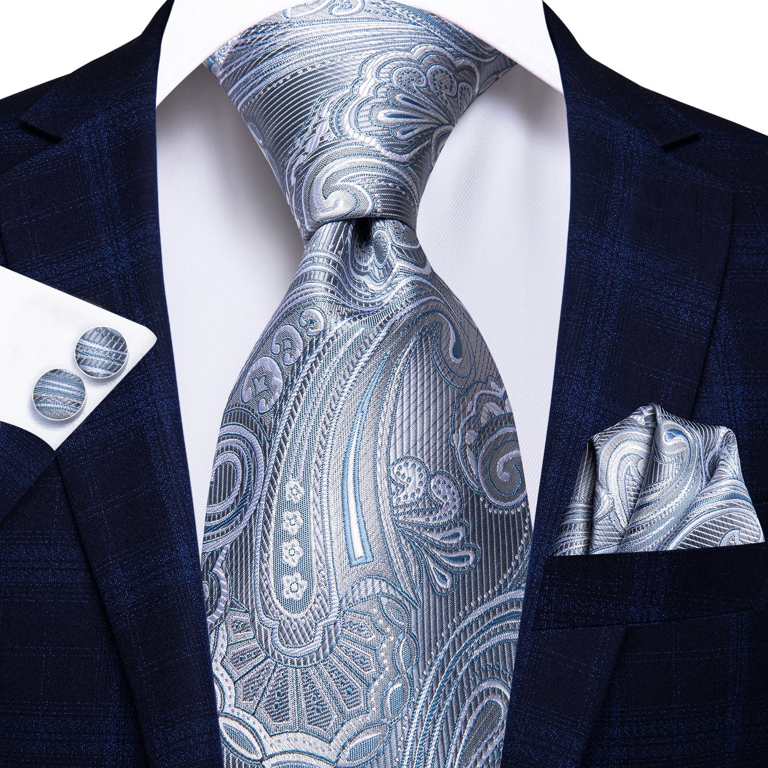 Silver Grey Paisley Tie Handkerchief Cufflinks Set with Wedding Brooch